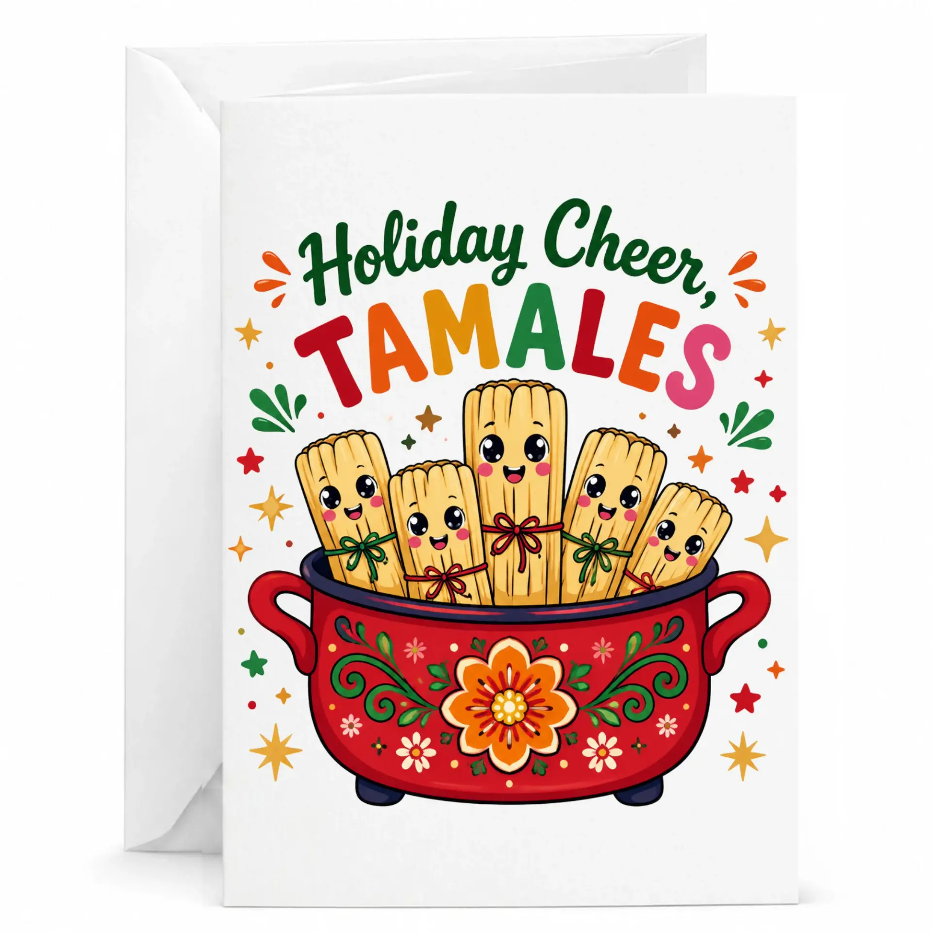 Funny Holiday Greeting Card Featuring Festive Kawaii Tamales in a Traditional Red Pot Illustration for Seasonal Joy