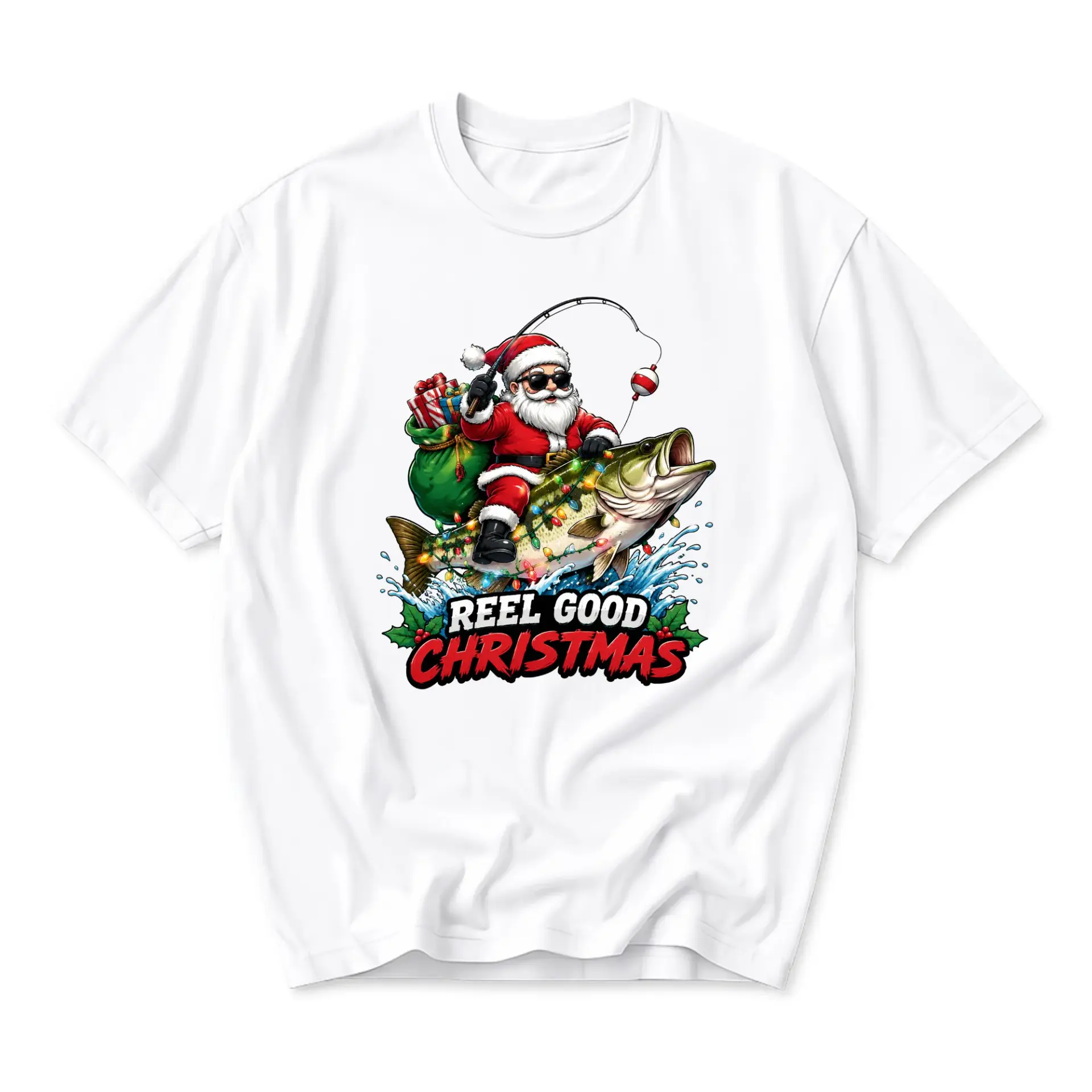 Funny Shirt Reel Good Christmas Santa Fishing Graphic Tee Holiday Unisex Crew Neck Casual Cotton Blend Apparel