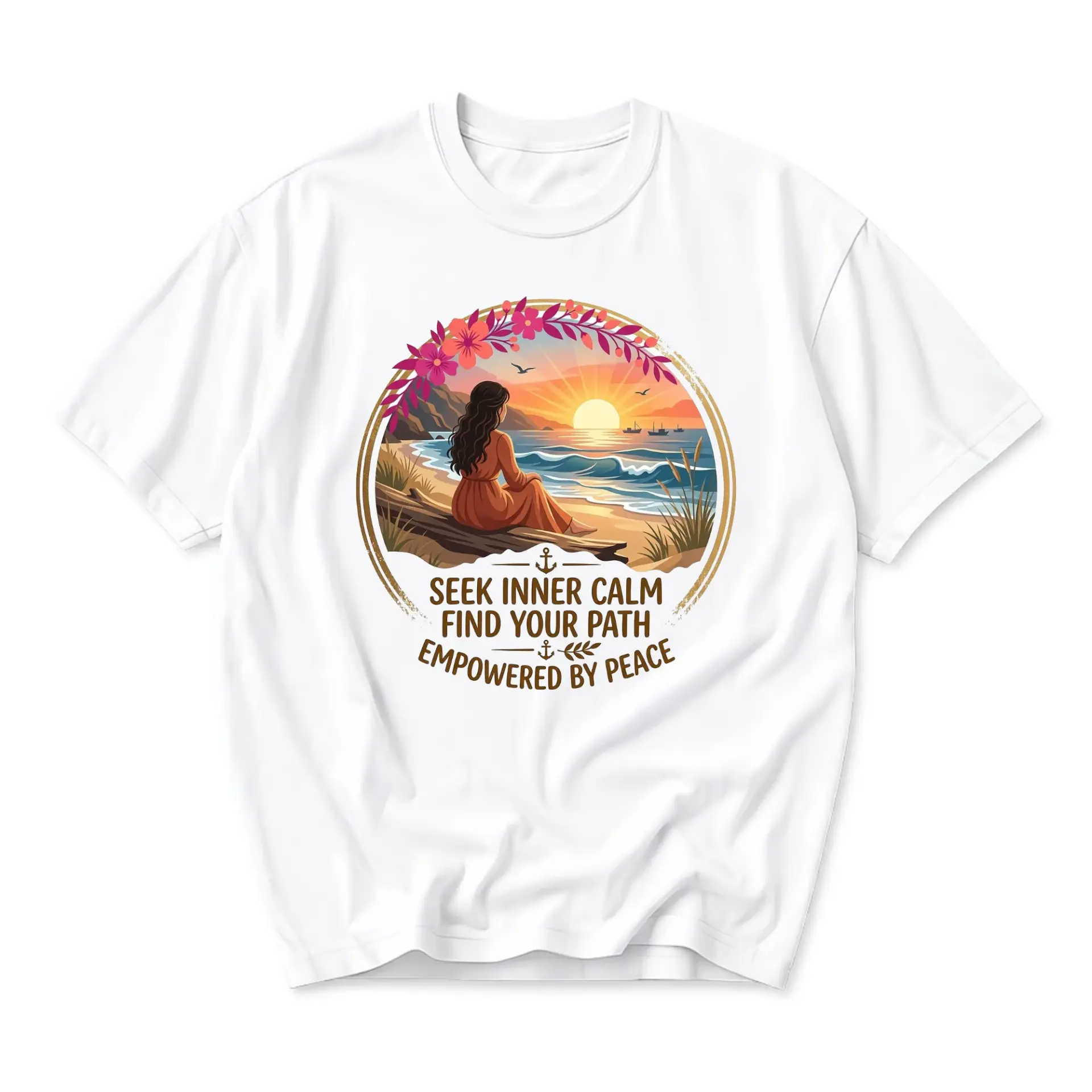 Graphic Tee Seek Inner Calm Find Your Path Empowered by Peace Sunset Beach Nature Themed Unisex Casual Crew Neck Shirt