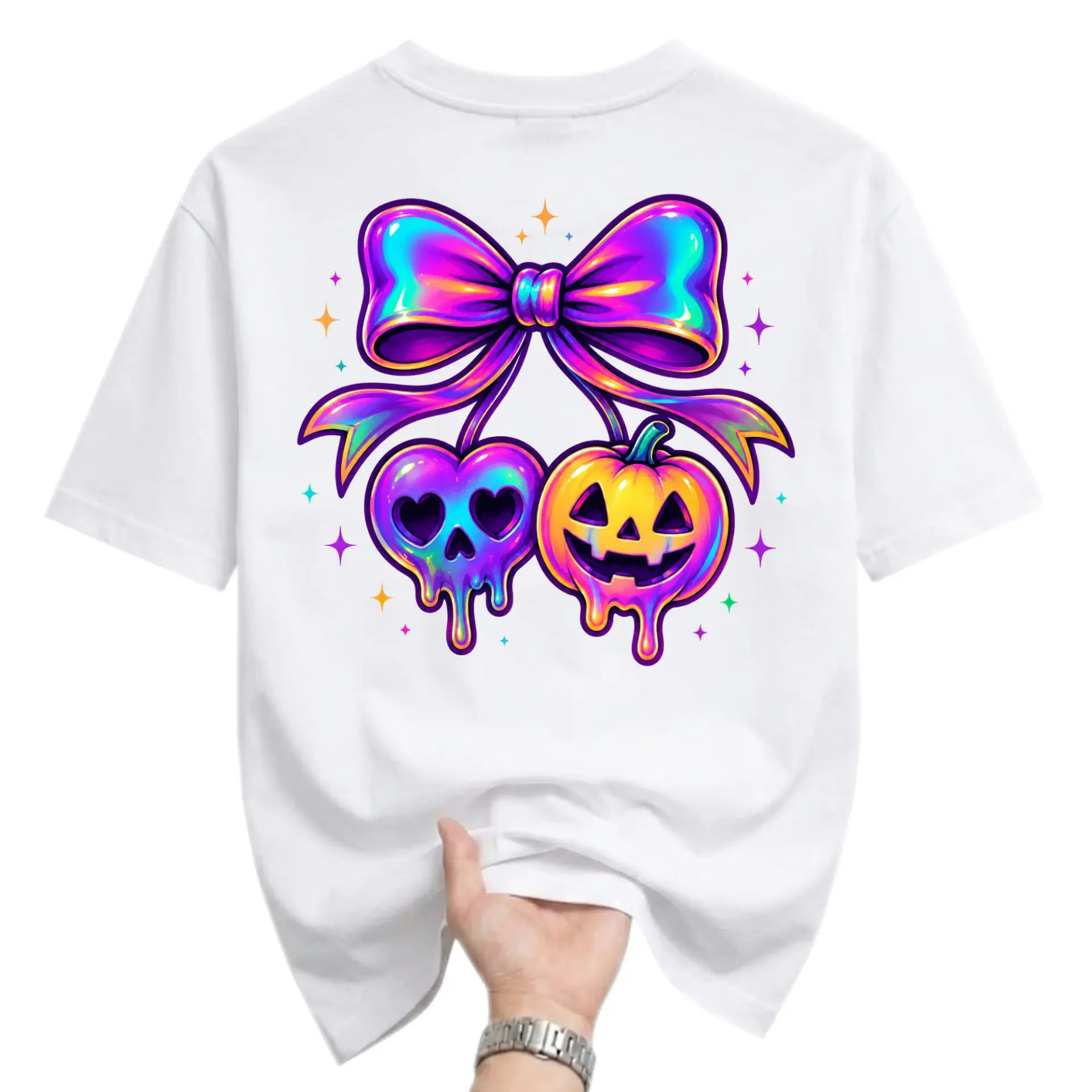 Graphic Tee Unisex Crew Neck T-Shirt Featuring Holographic Bow Skull and Pumpkin Illustration for Casual Wear