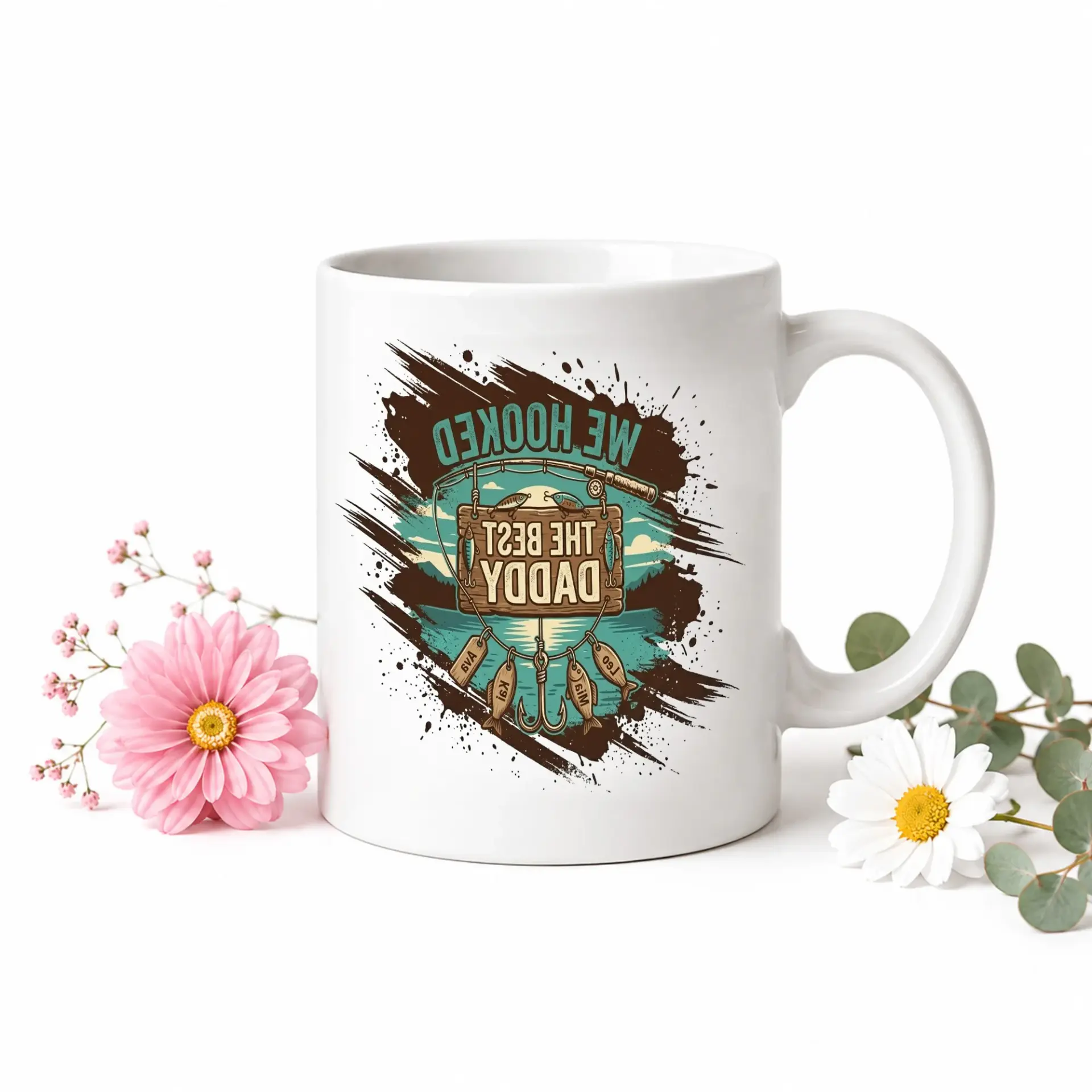 Funny Fishing Theme Ceramic Coffee Mug Featuring Personalized Angling Design with Decorative Fish Style Accents