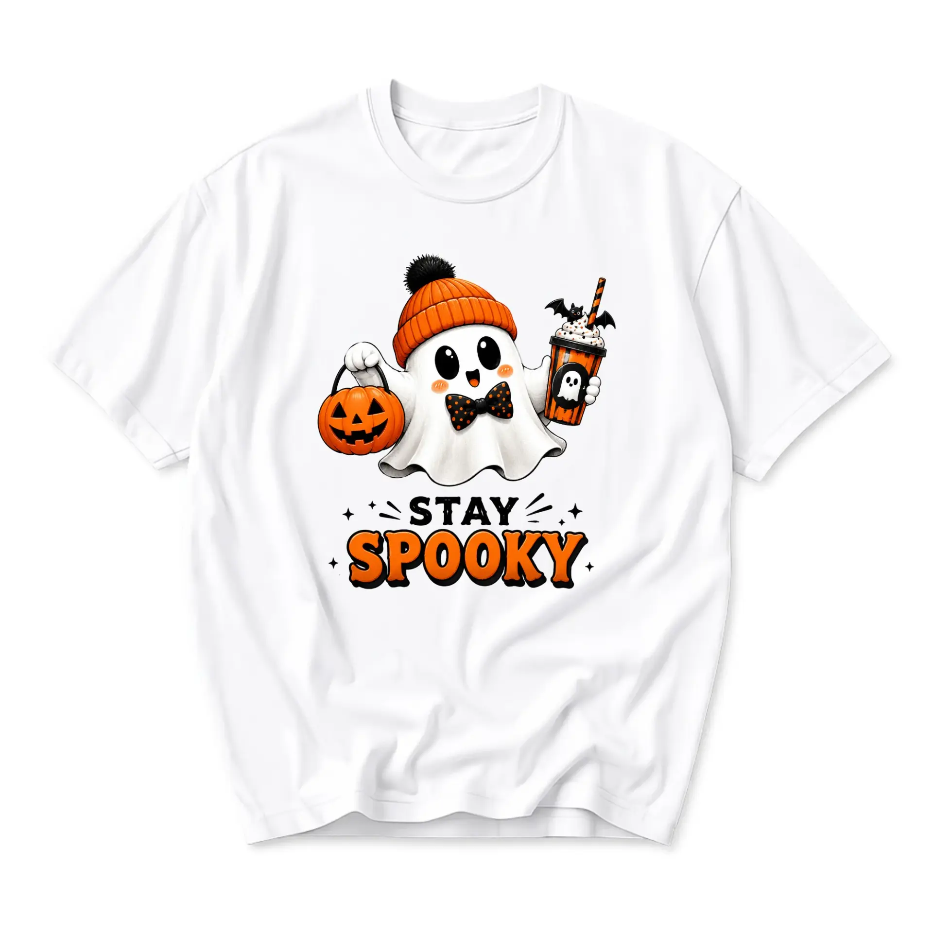 Funny Shirt Stay Spooky Ghost Graphic Tee Unisex Casual Apparel for Halloween Seasonal Autumn Style White Crew Neck