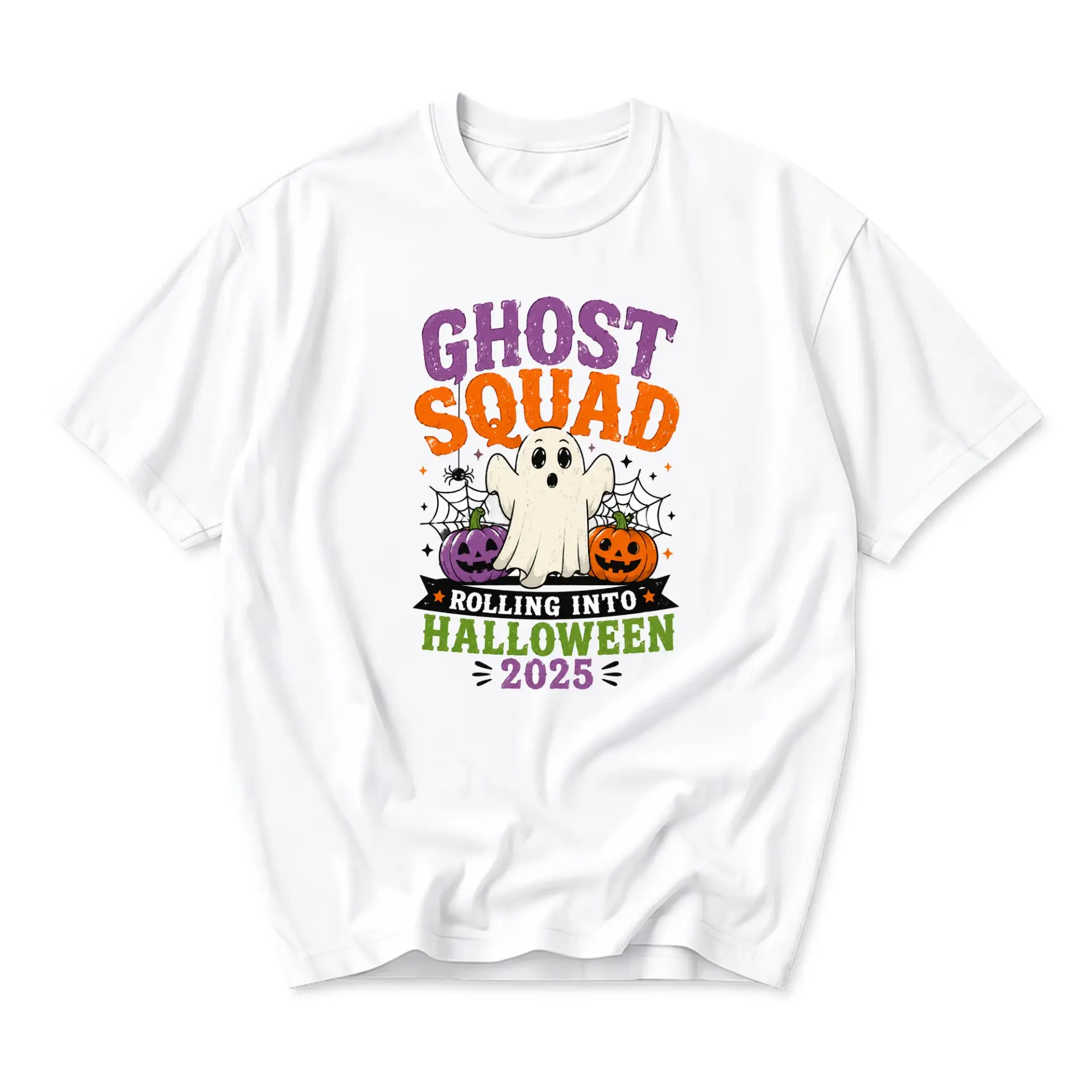 Graphic Tee Ghost Squad Rolling into Halloween 2025 Unisex Crew Neck Short Sleeve Shirt for Casual Fall Season Wear