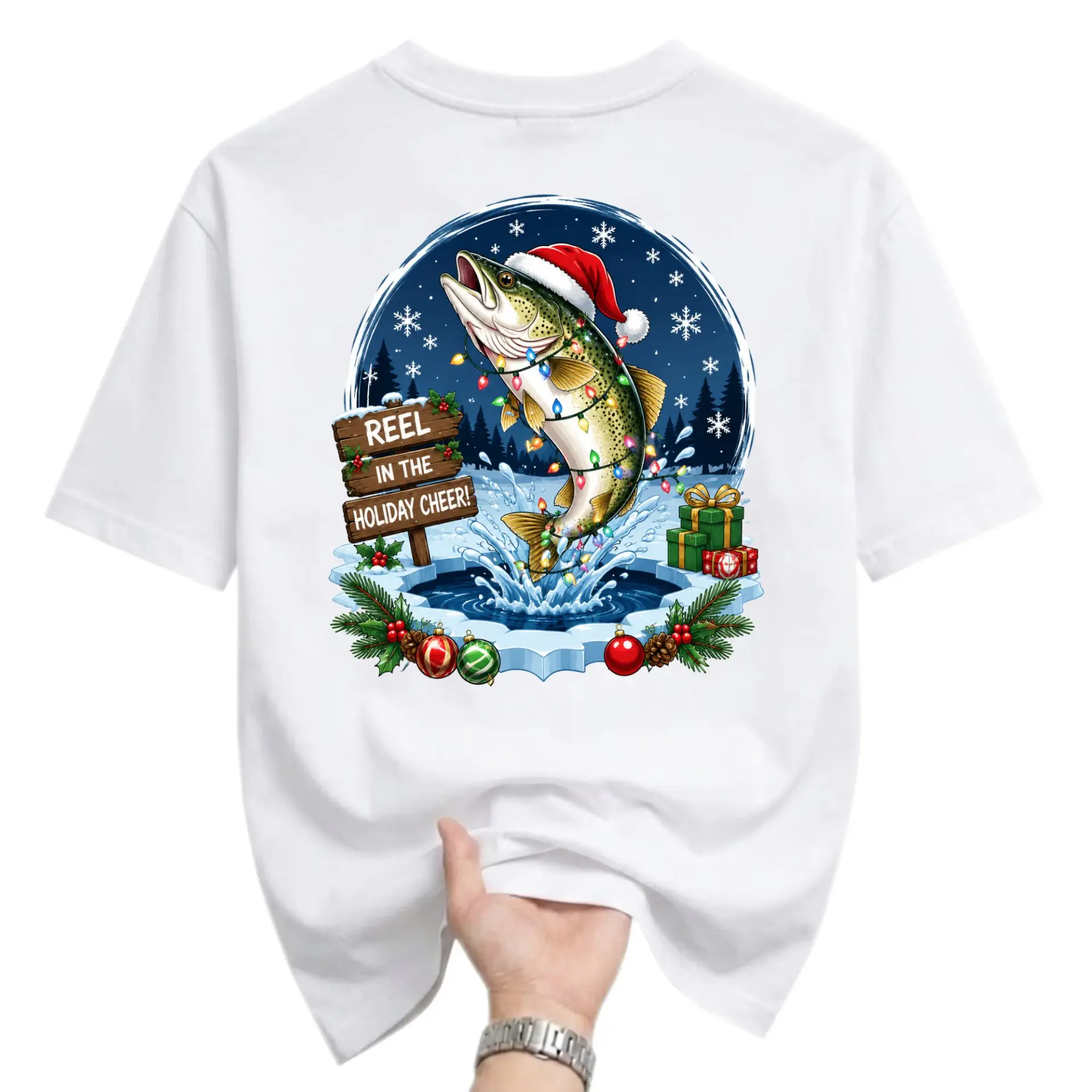 Funny Shirt Reel in the Holiday Cheer Fishing Graphic Tee Festive Fish Design Unisex Casual Crew Neck T-Shirt