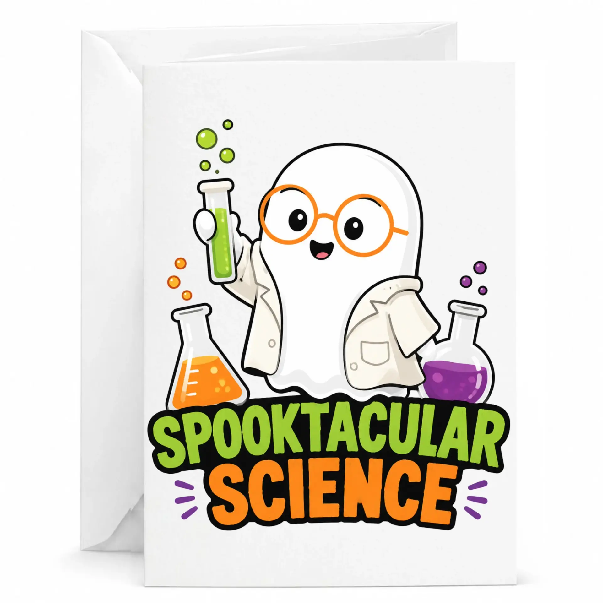 Funny Spooktacular Greeting Card with Envelope Cute Scientist Illustration for Any