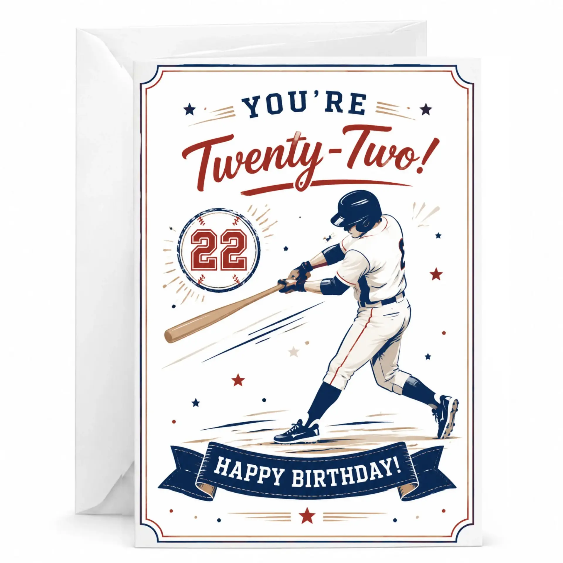Birthday Card for Twenty-Second Birthday Featuring Baseball Player Design with Red and Blue Athletic Aesthetic