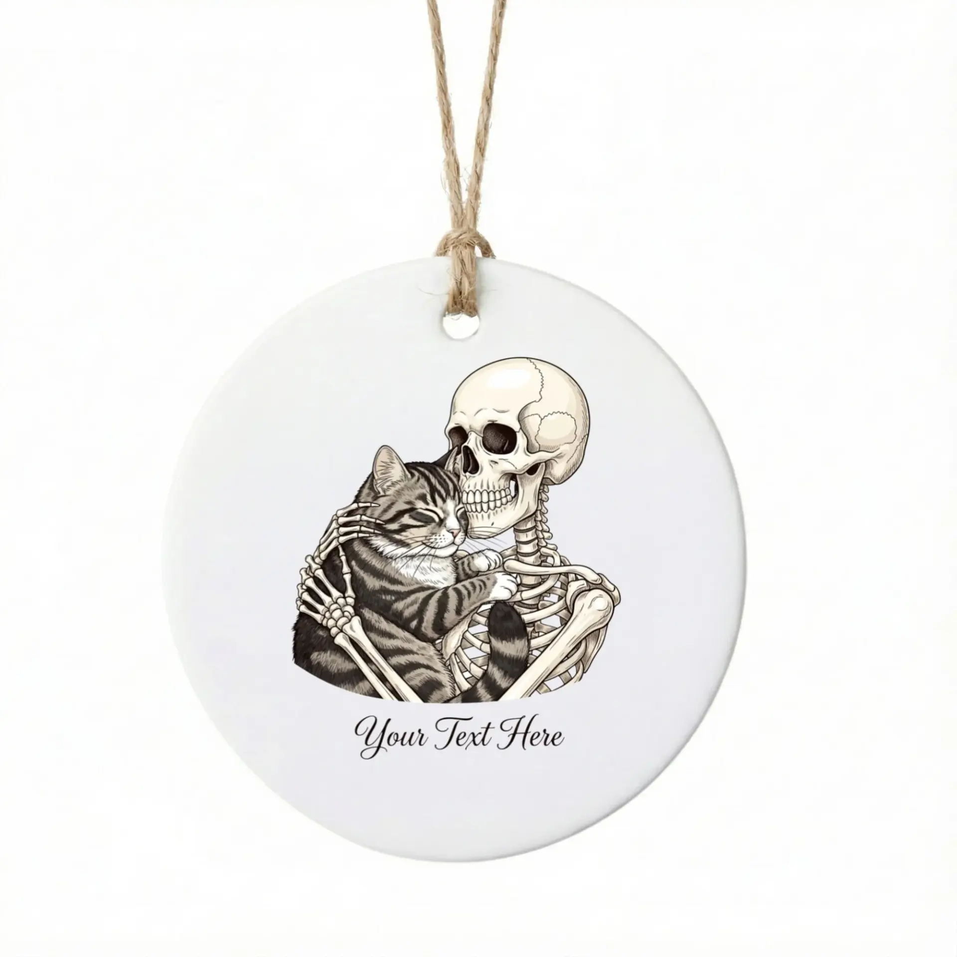 Christmas Ornament Ceramic Decoration Featuring an Illustrated Skeleton Hugging a Tabby Cat for Holiday Decor