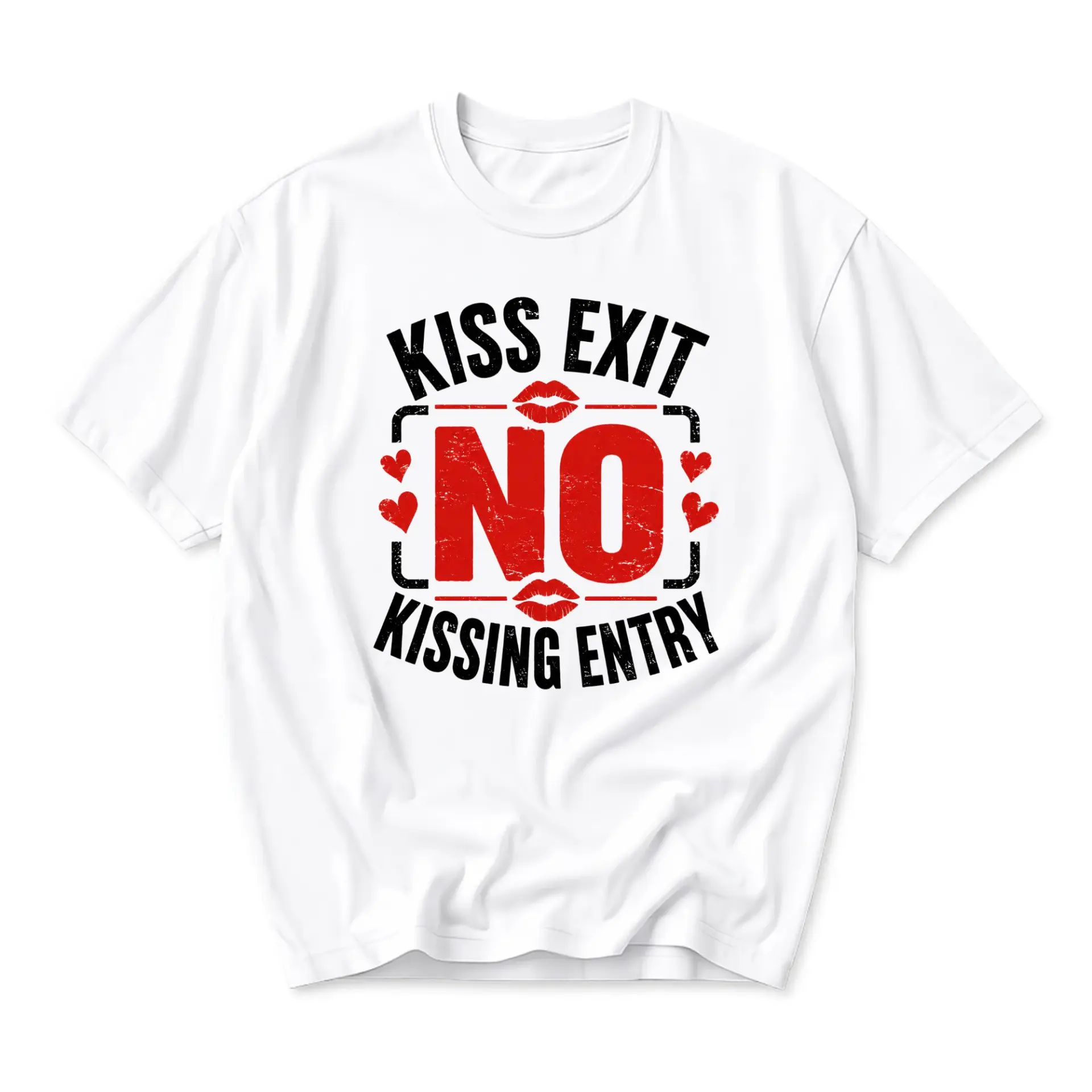 Funny Shirt Kiss Exit No Kissing Entry Graphic Printed T-Shirt Casual Unisex Crew Neck Short Sleeve Top Apparel