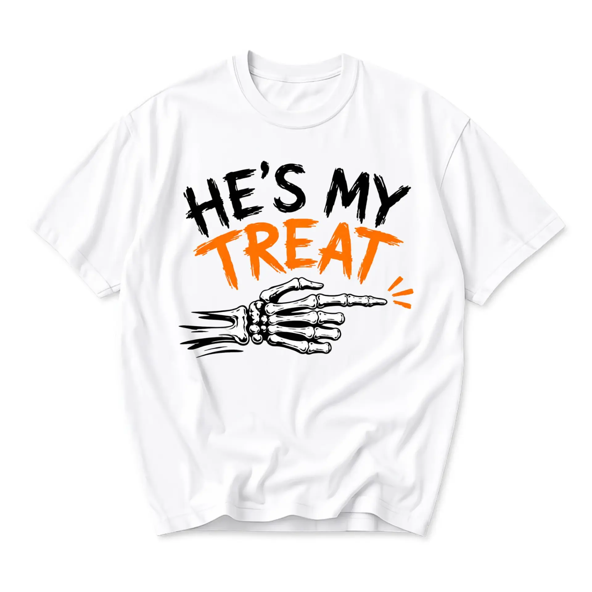 Graphic Tee He's My Treat Skeleton Hand Funny Fall Unisex Short Sleeve Crew Neck Cotton Casual Holiday Apparel