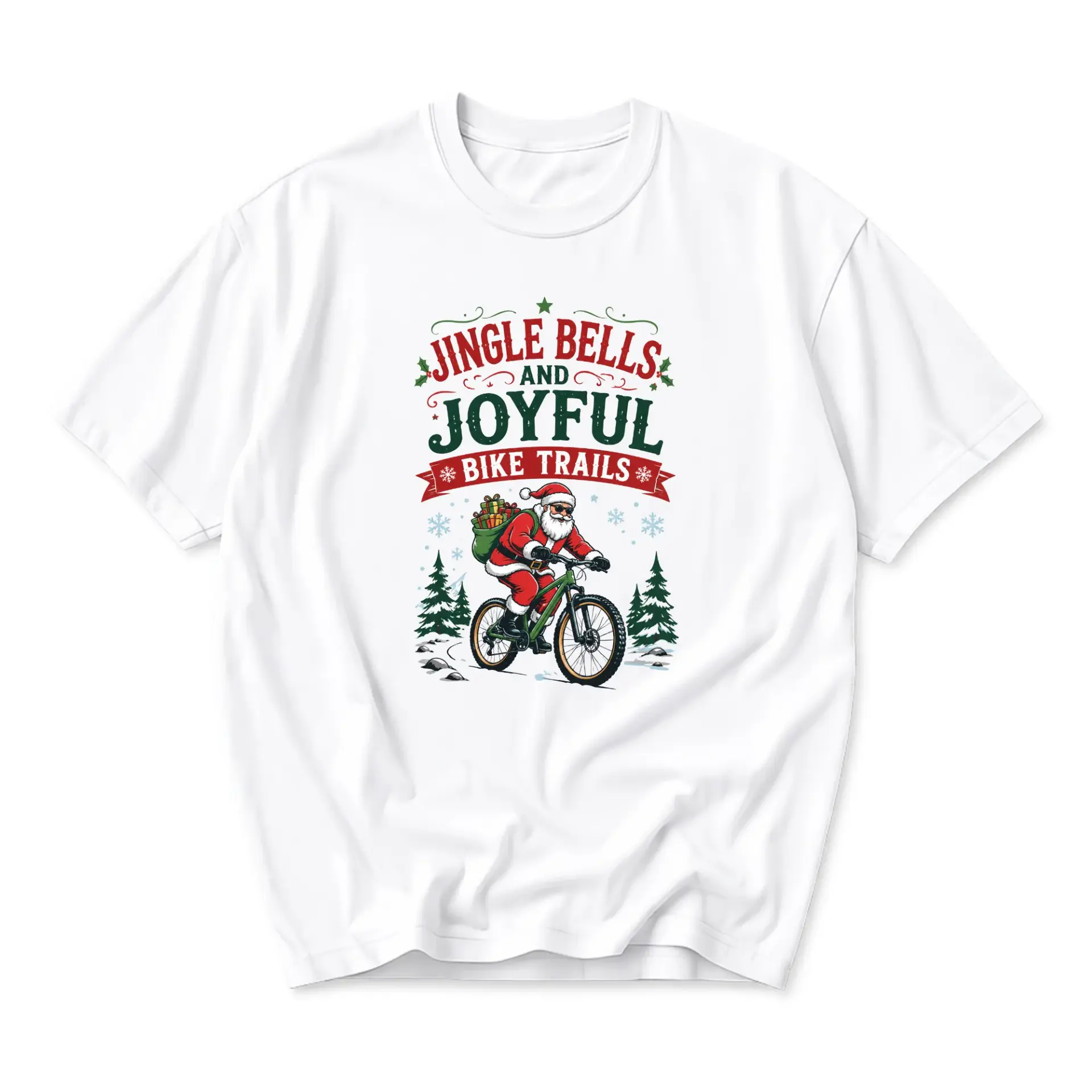 Graphic Tee Jingle Bells and Joyful Bike Trails Santa Claus Cyclist Unisex Crew Neck Short Sleeve Shirt White