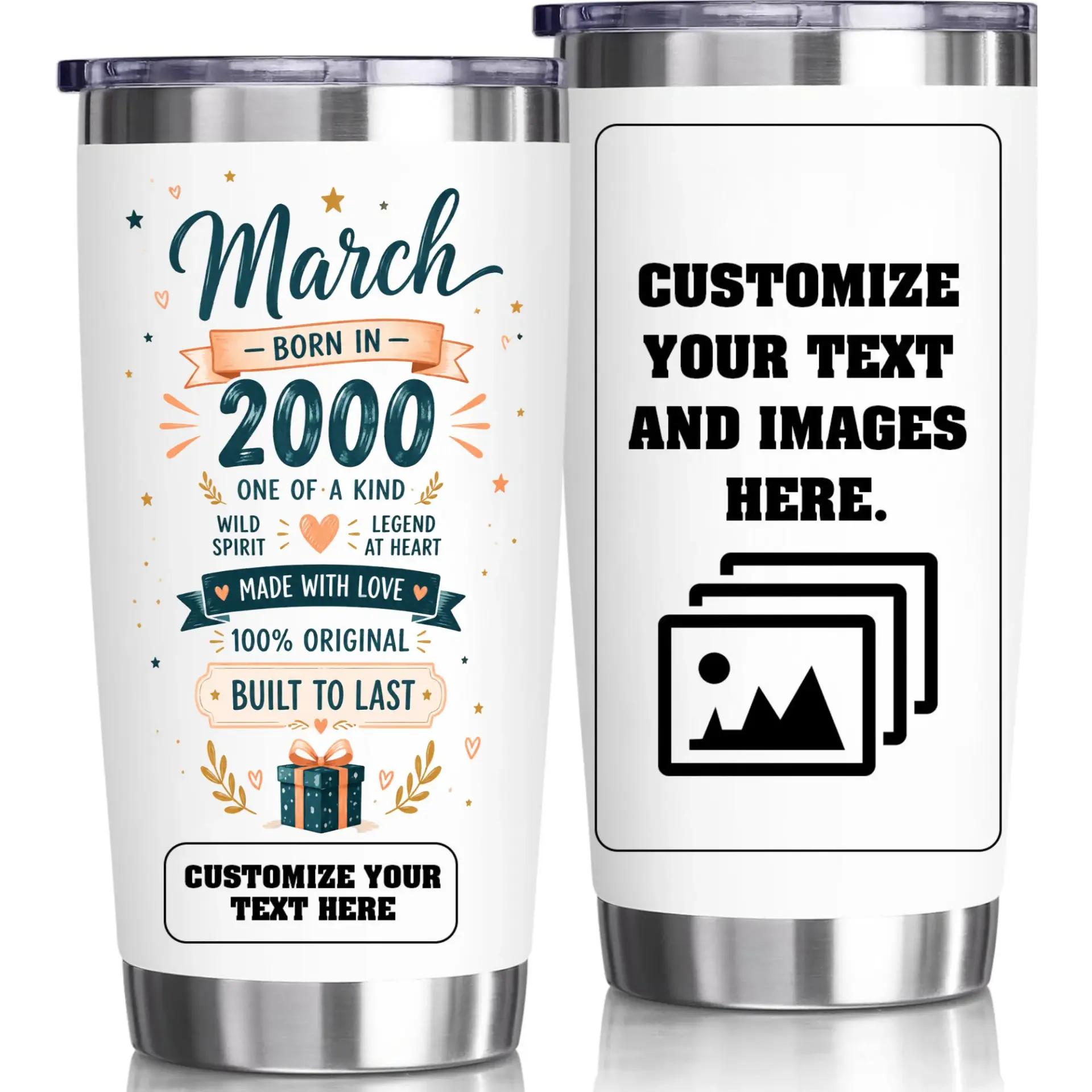 Stainless Steel Insulated Tumbler 20 Oz Custom Birthday Gift for March 2000 Birth Year Travel Coffee Cup with Lid