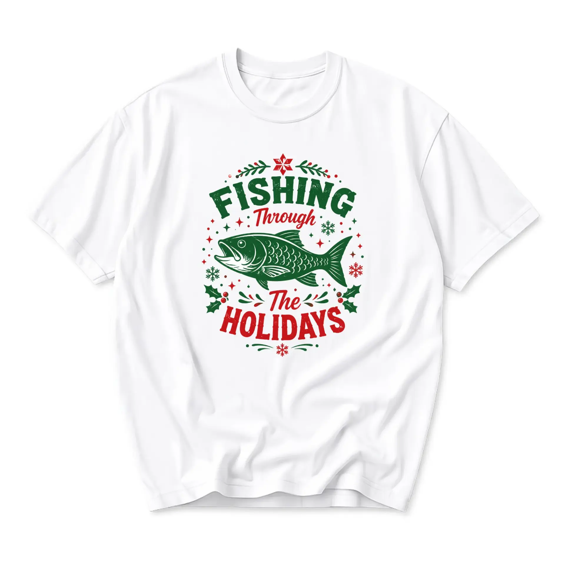 Funny Shirt Fishing Through the Holidays Graphic Tee Unisex Crew Neck Winter Seasonal Hobby Casual Apparel White