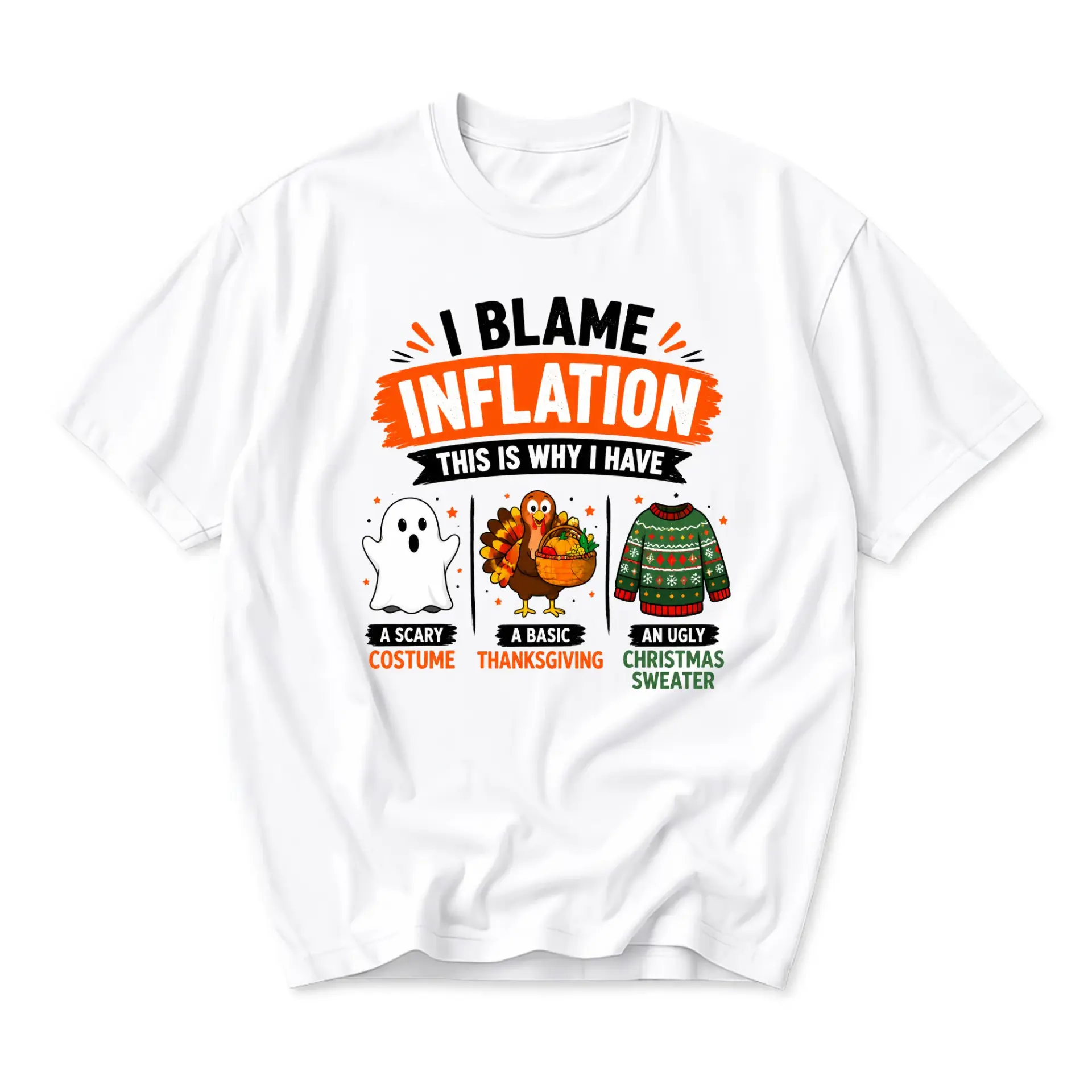 Funny Shirt I Blame Inflation Graphic Tee Unisex Crew Neck Short Sleeve Casual Cotton Blend Holiday Theme Top White