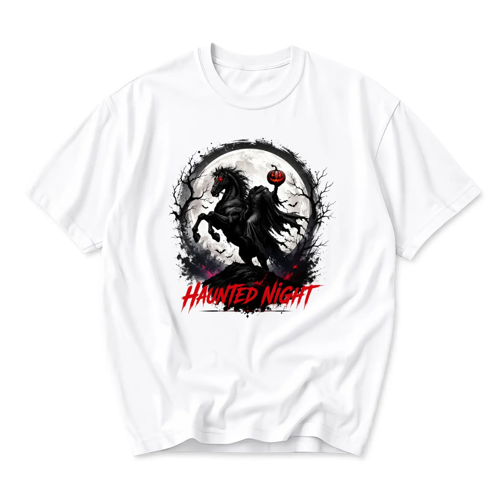 Graphic Tee Haunted Night Horseman Print Unisex Crew Neck Cotton Blend T-Shirt for Casual Everyday Wear and Holidays
