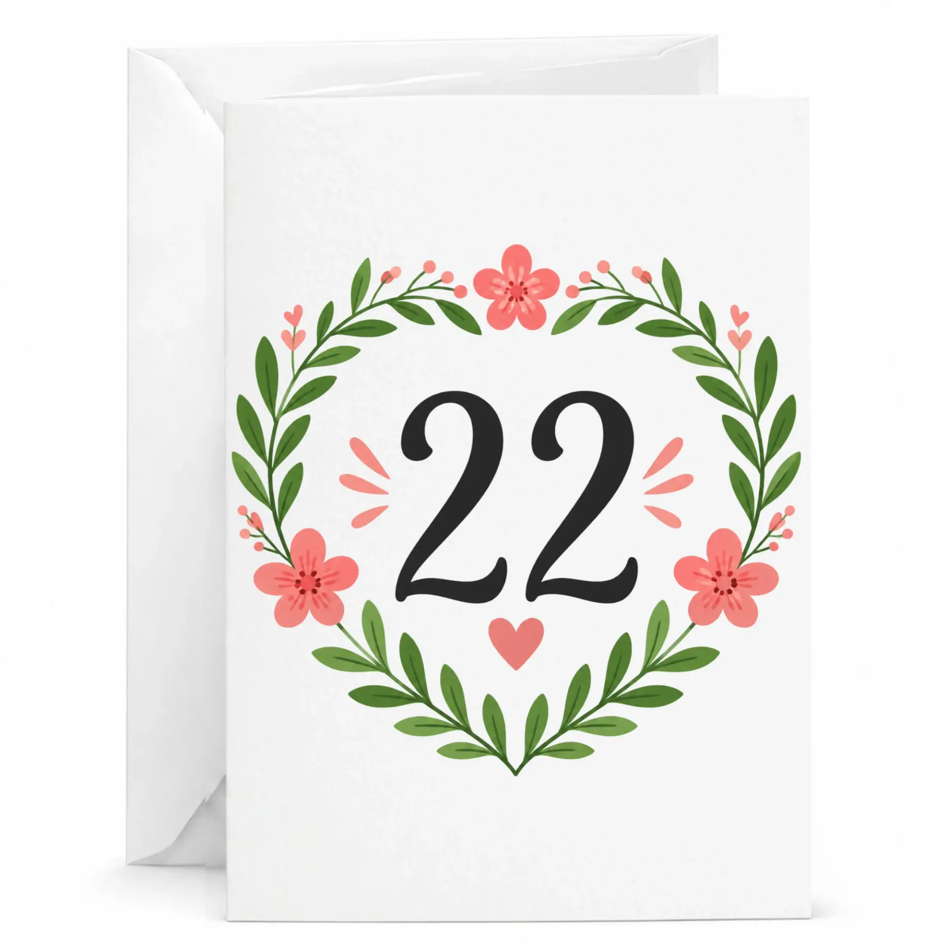 Birthday Card Floral Heart Design for 22nd Celebration, Elegant Twenty Second Birthday Greeting with Matching Envelope