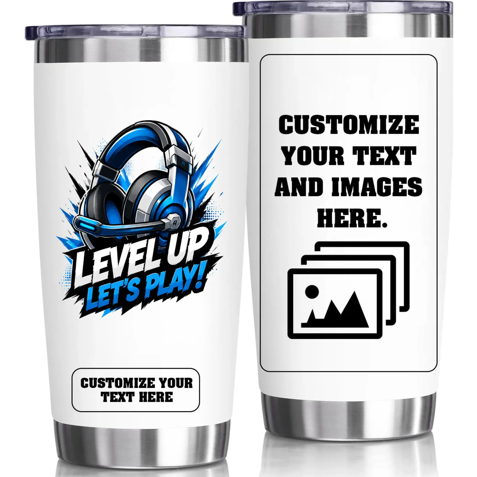 Stainless Steel Tumbler Level up Gaming Headset Insulated Cup 20oz Travel Mug for Hot and Cold Beverages Office Accessory
