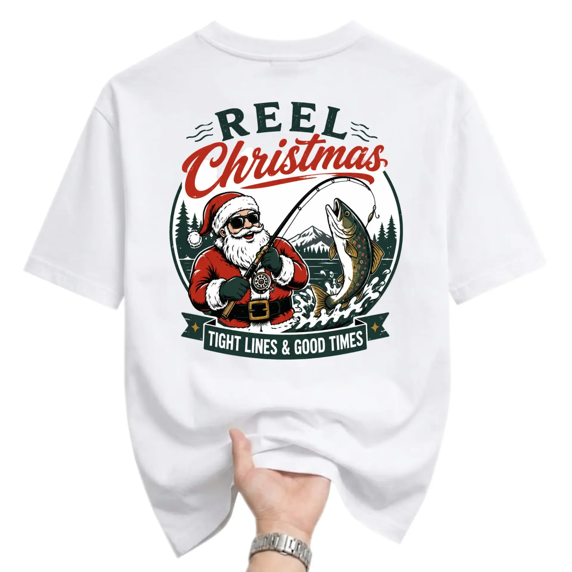 Funny Shirt Reel Christmas Fishing Santa Graphic Tee Unisex Crew Neck Short