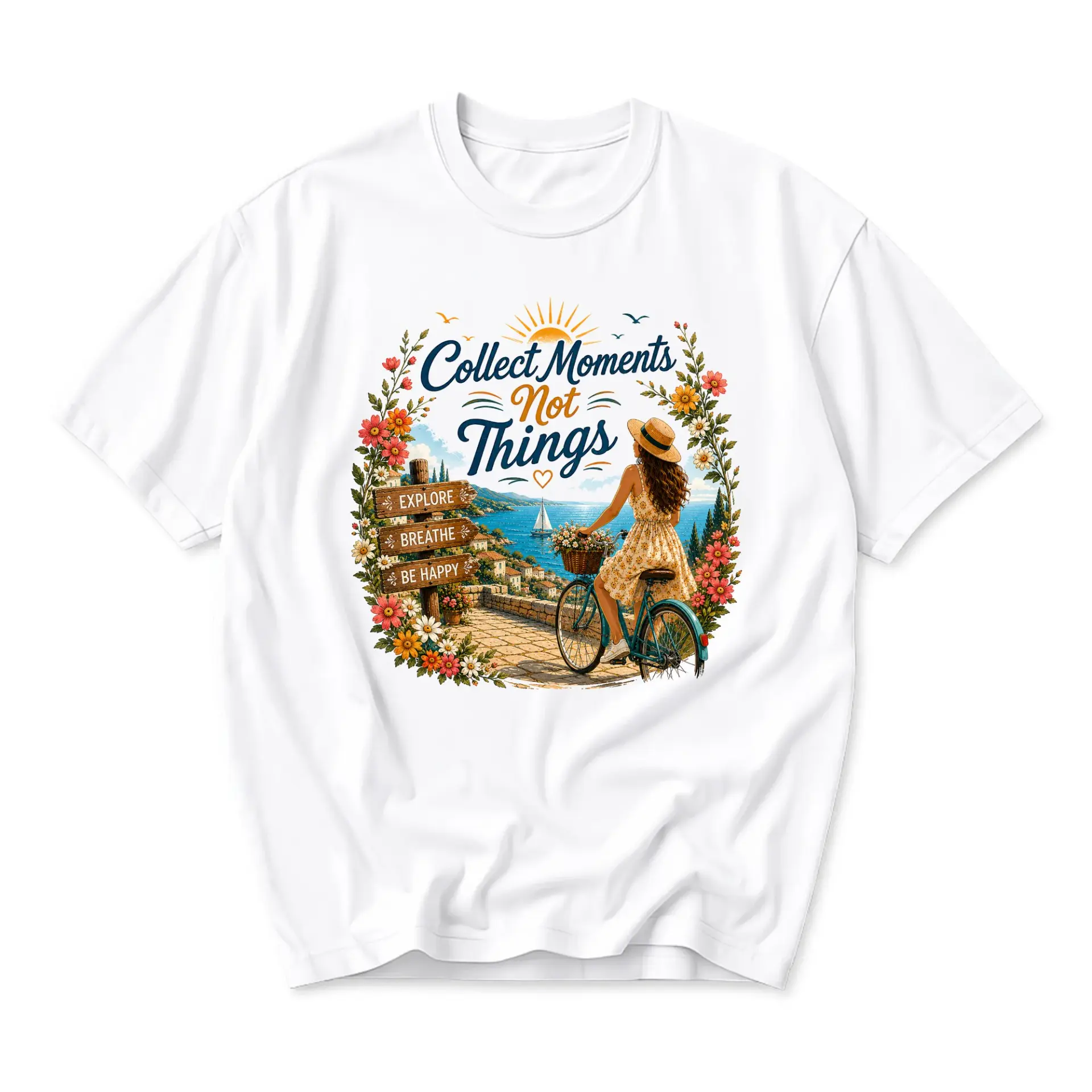 Graphic Tee Collect Moments Not Things Coastal Aesthetic Shirt Floral Travel Themed Unisex Casual Crew Neck Apparel