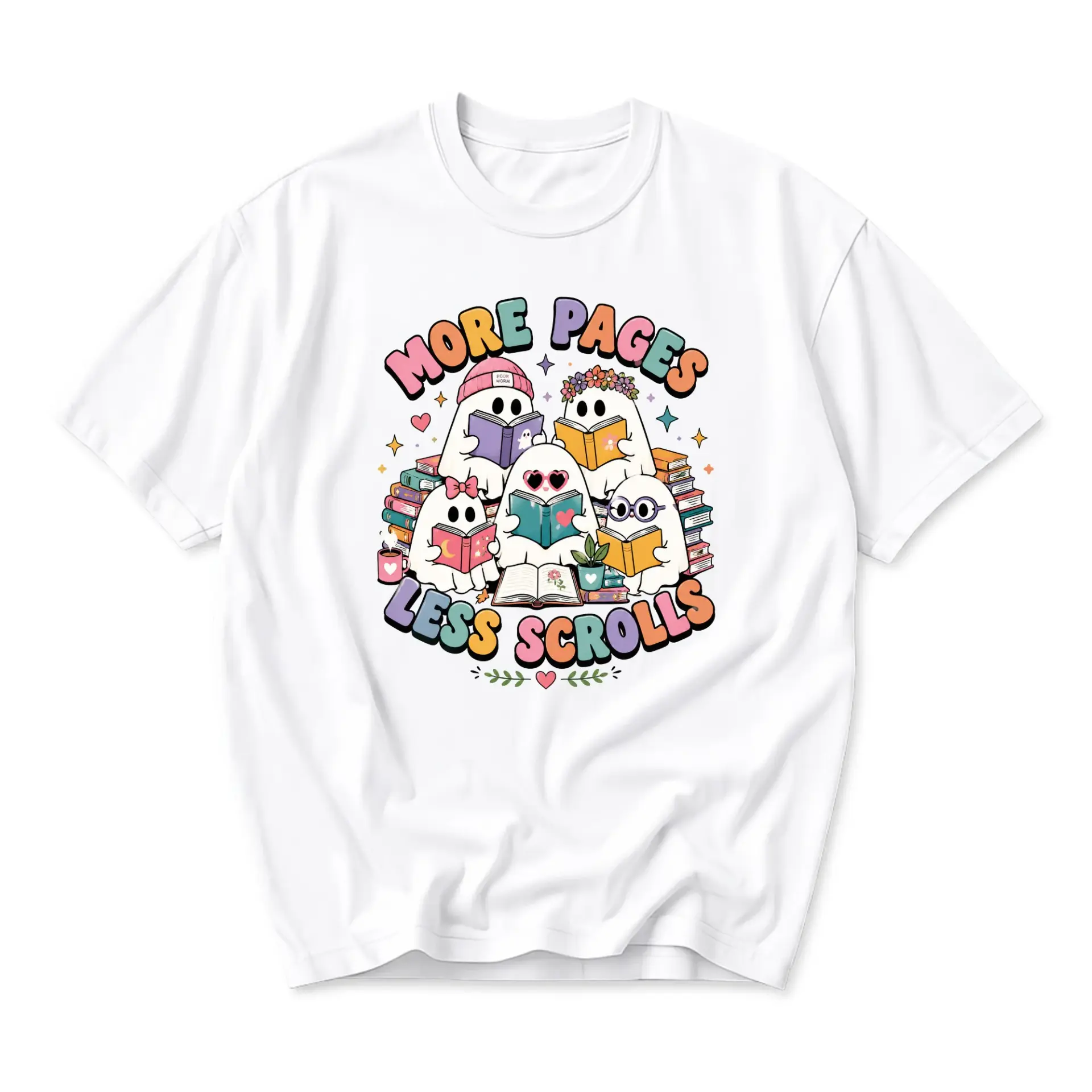 Graphic Tee More Pages Less Scrolls Bookish Ghost Shirt Aesthetic Reading Lover Gift Unisex Casual Crew Neck T-Shirt