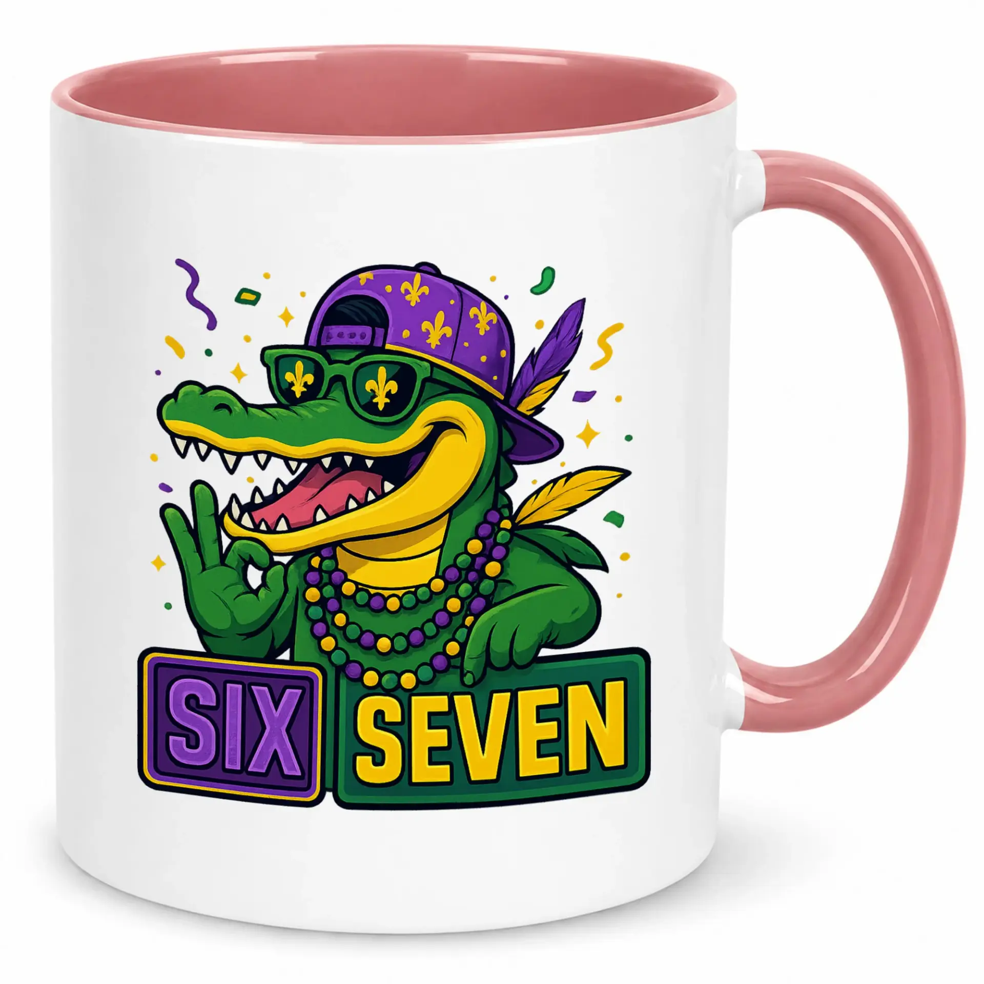 Festive Alligator Character Ceramic Coffee Mug with Fun Mardi Gras Inspired Design, Unique Beverage Cup for Office and Home