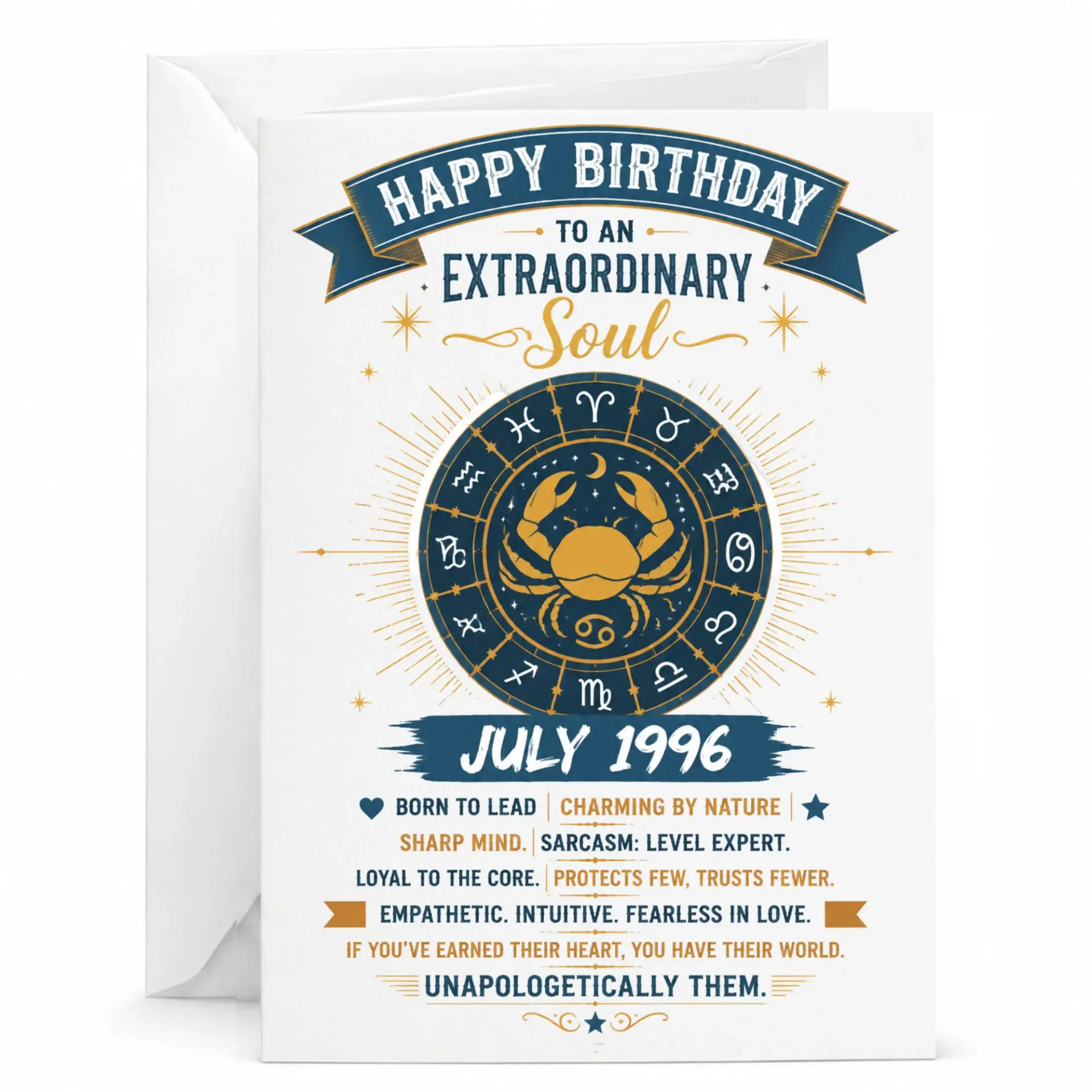 Birthday Card for Cancer Zodiac Sign July 1996 Astrology Themed Greeting Card with Envelope for Extraordinary Soul
