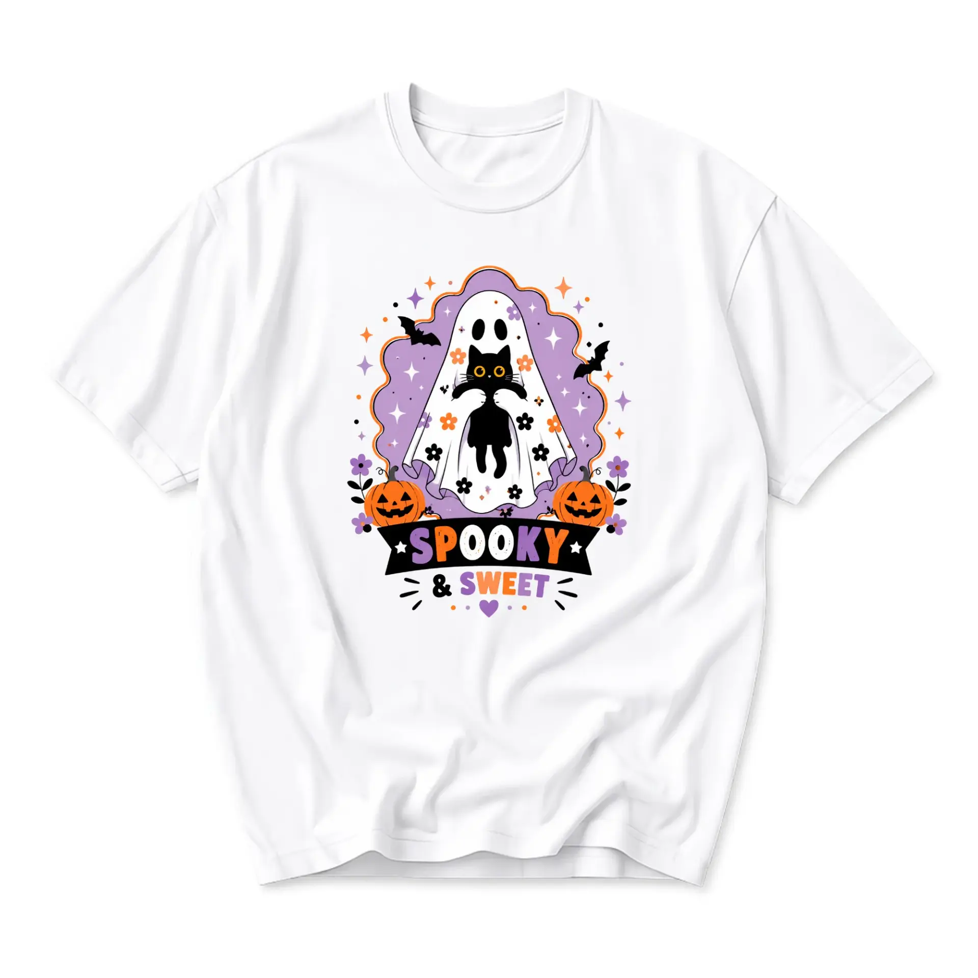 Graphic Tee Spooky and Sweet Halloween Cat Design Unisex Crew Neck Soft Cotton Blend Casual Everyday Short Sleeve Shirt