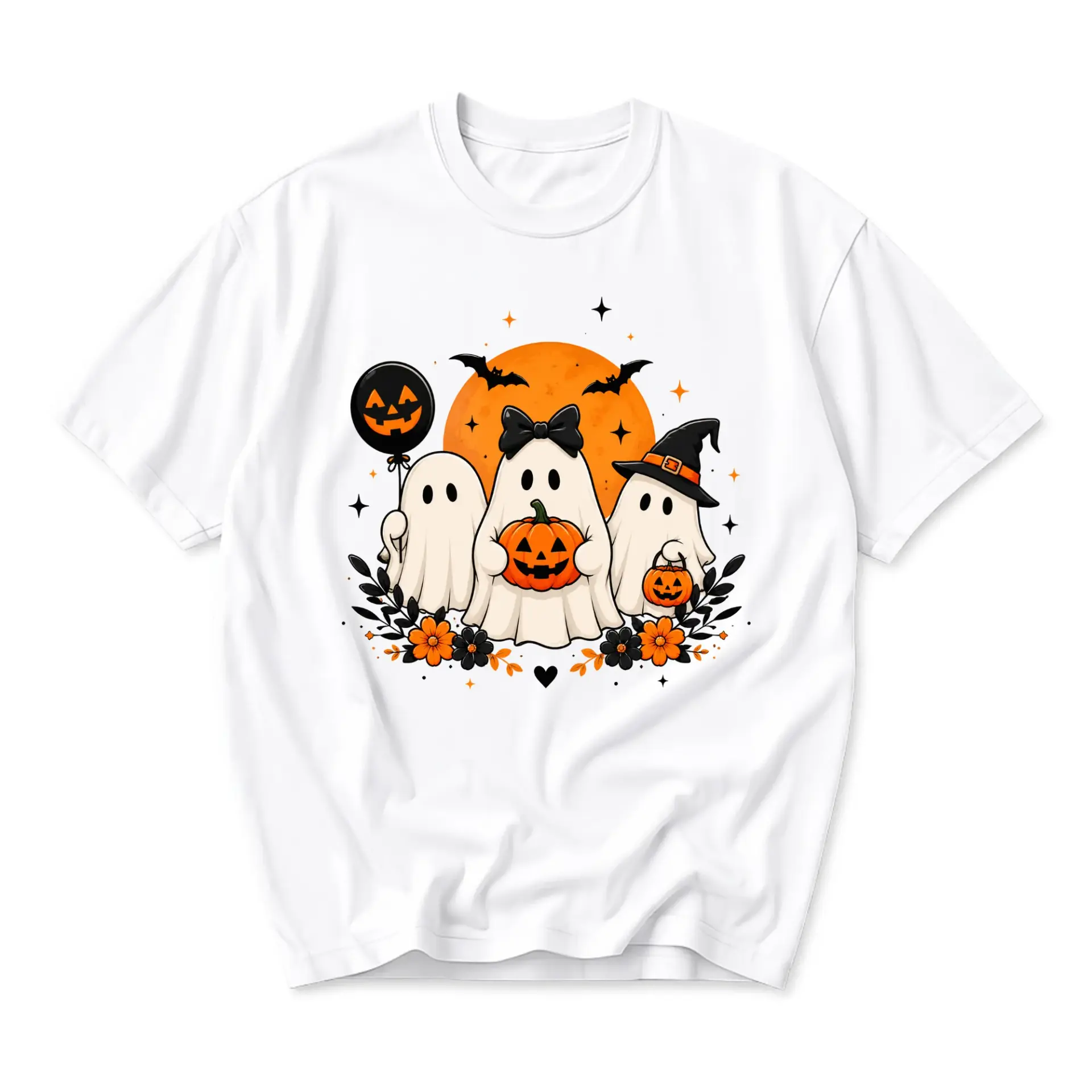 Graphic Tee Unisex Halloween Shirt Featuring Three Cute Ghosts with Pumpkins and Bats on a Soft White Cotton Top