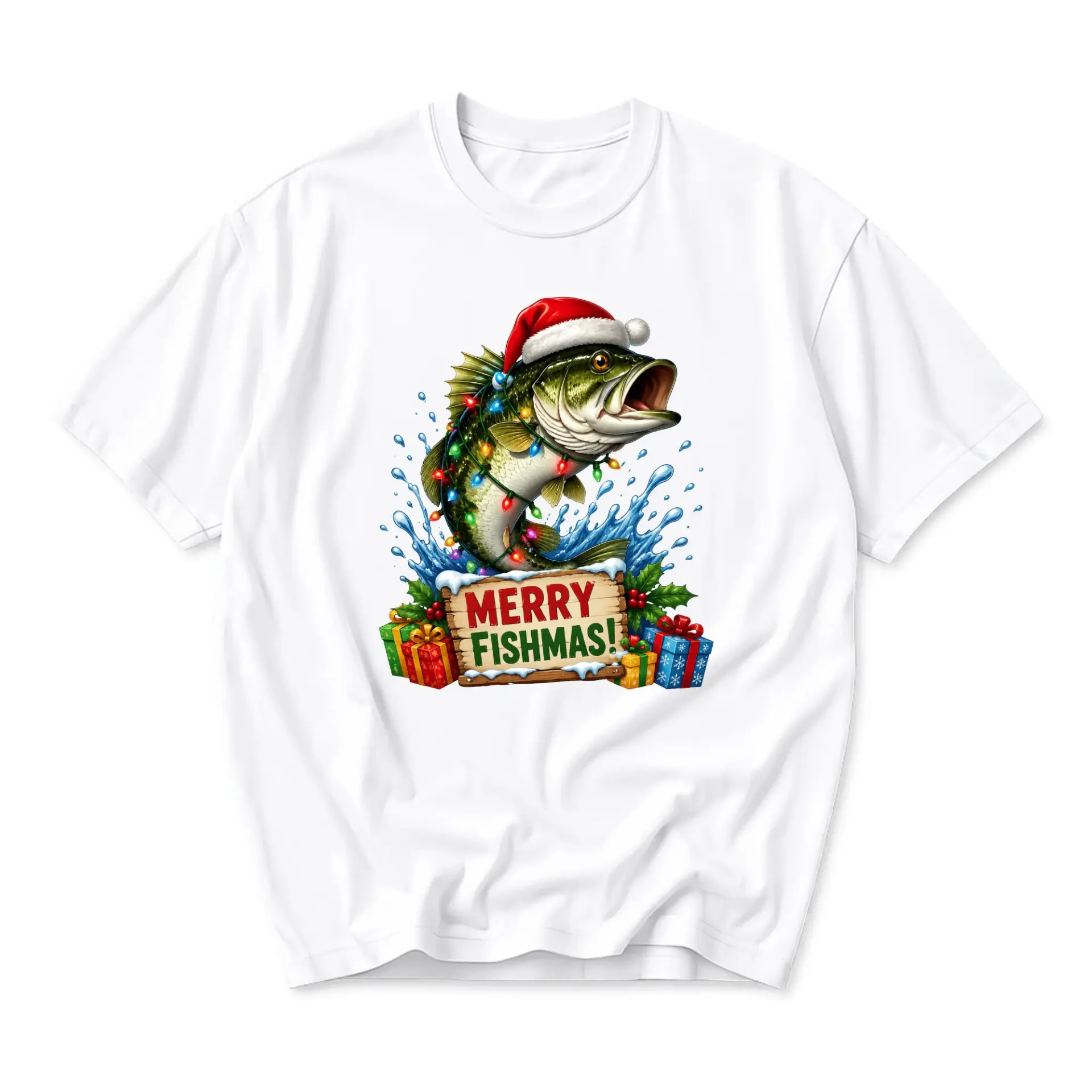 Funny Shirt Merry Fishmas Holiday Graphic Tee Featuring a Fish with Santa Hat and Christmas Lights Festive Apparel
