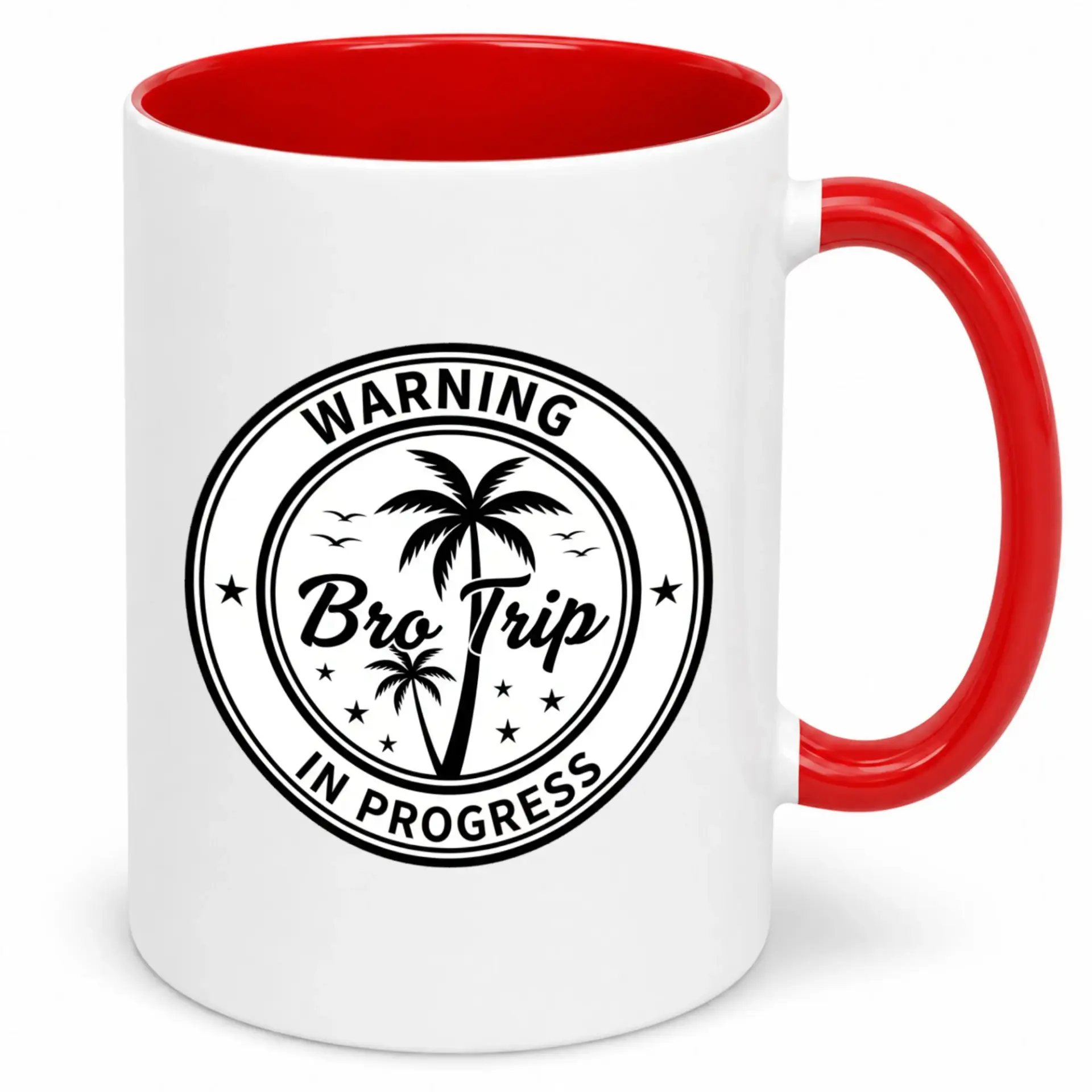 Funny Bro Warning in Progress Ceramic Coffee Mug with Tree Design White Red Handle and Interior for Beverages