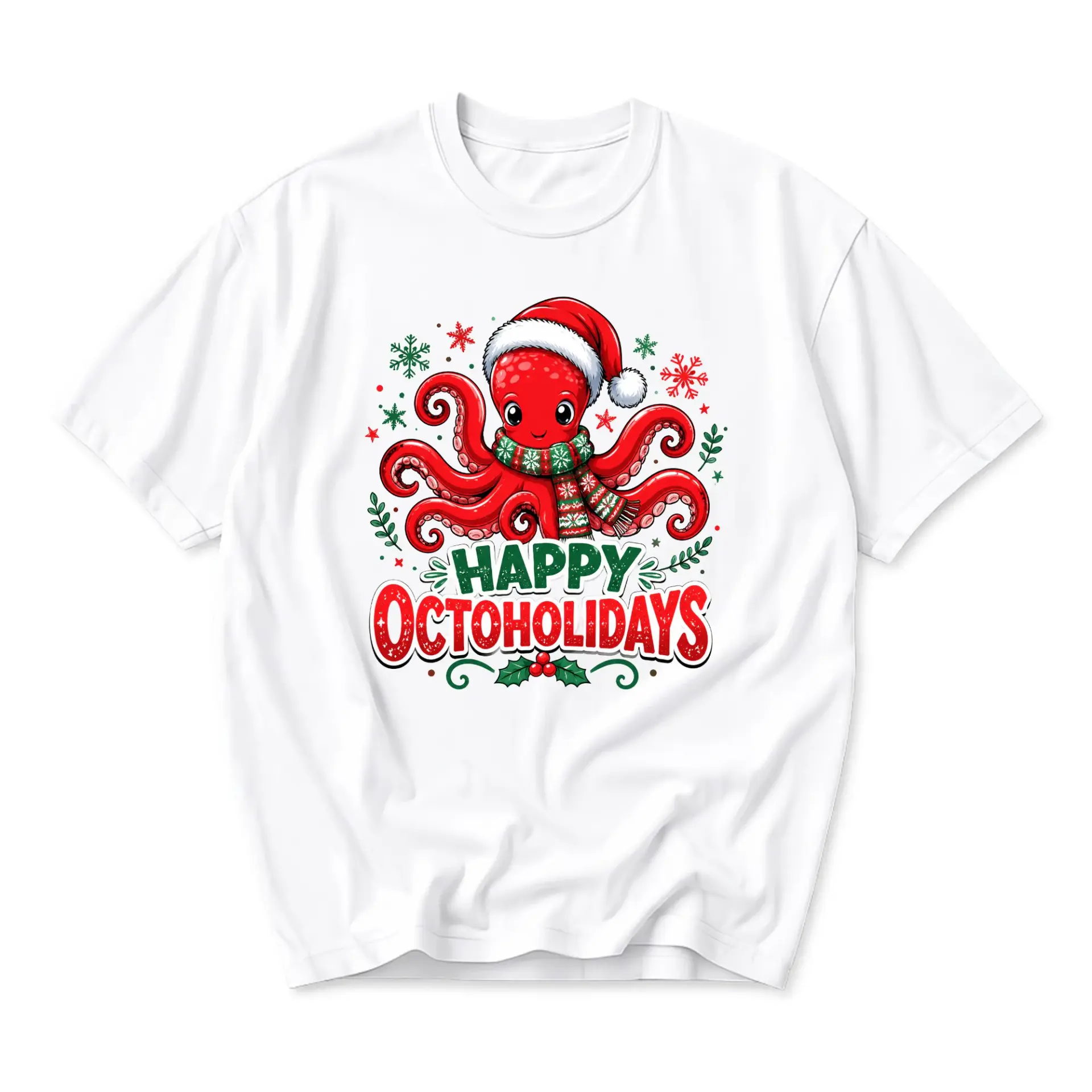 Funny Shirt Happy Octoholidays Graphic Tee Cute Wearing Santa Hat Christmas Holiday Unisex Crew Neck T-Shirt