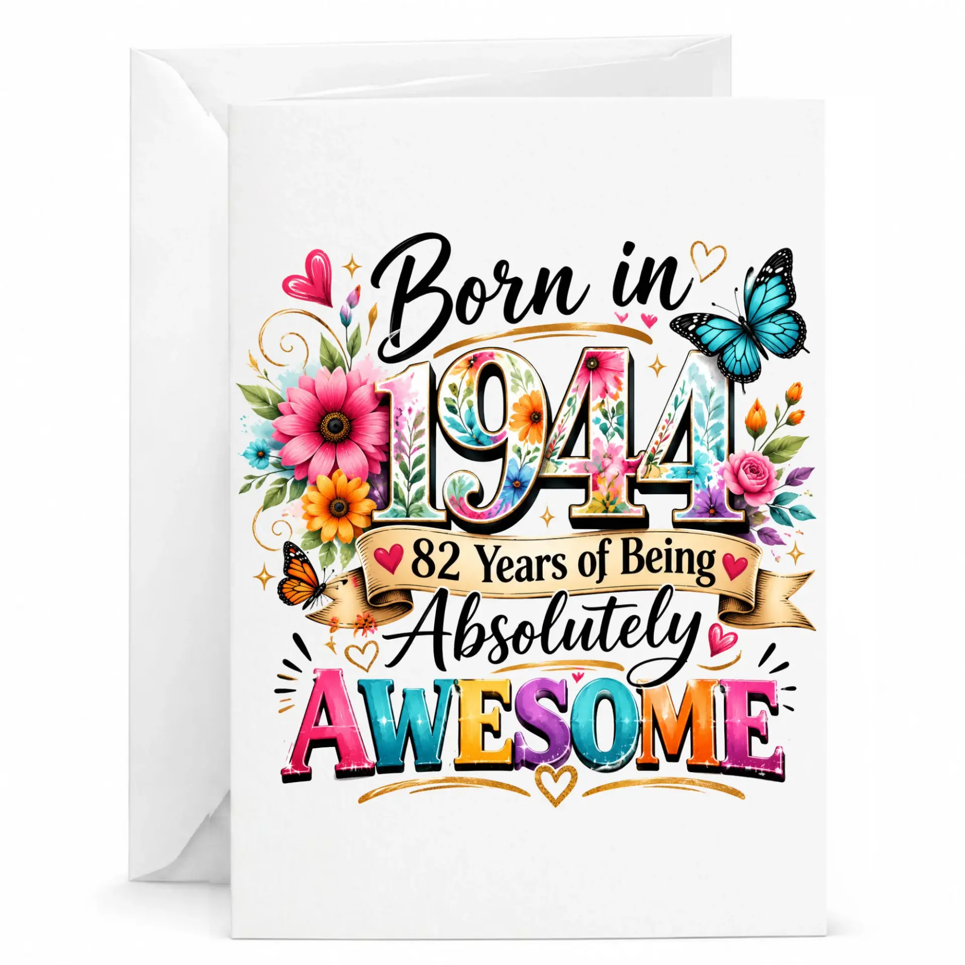 Birthday Card Born in 1944 82 Years of Being Absolutely Awesome Floral Butterfly Design Greeting for Milestone
