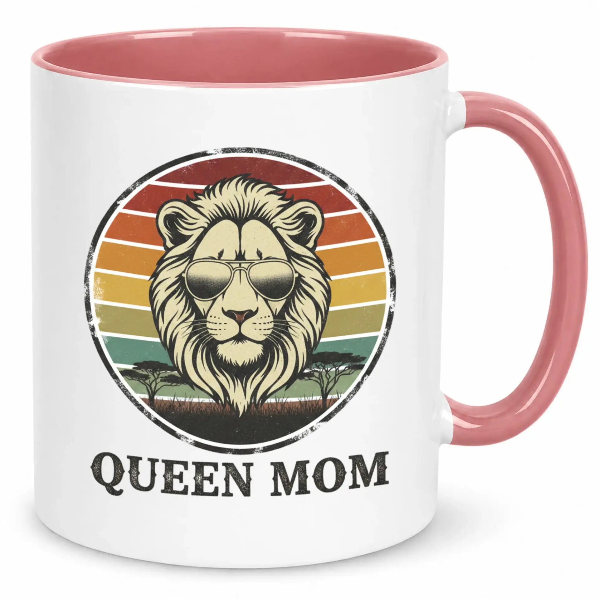 Coffee Mug with Retro Lion in Sunglasses Design Queen Mom Themed Ceramic Cup for Unique Gift Idea