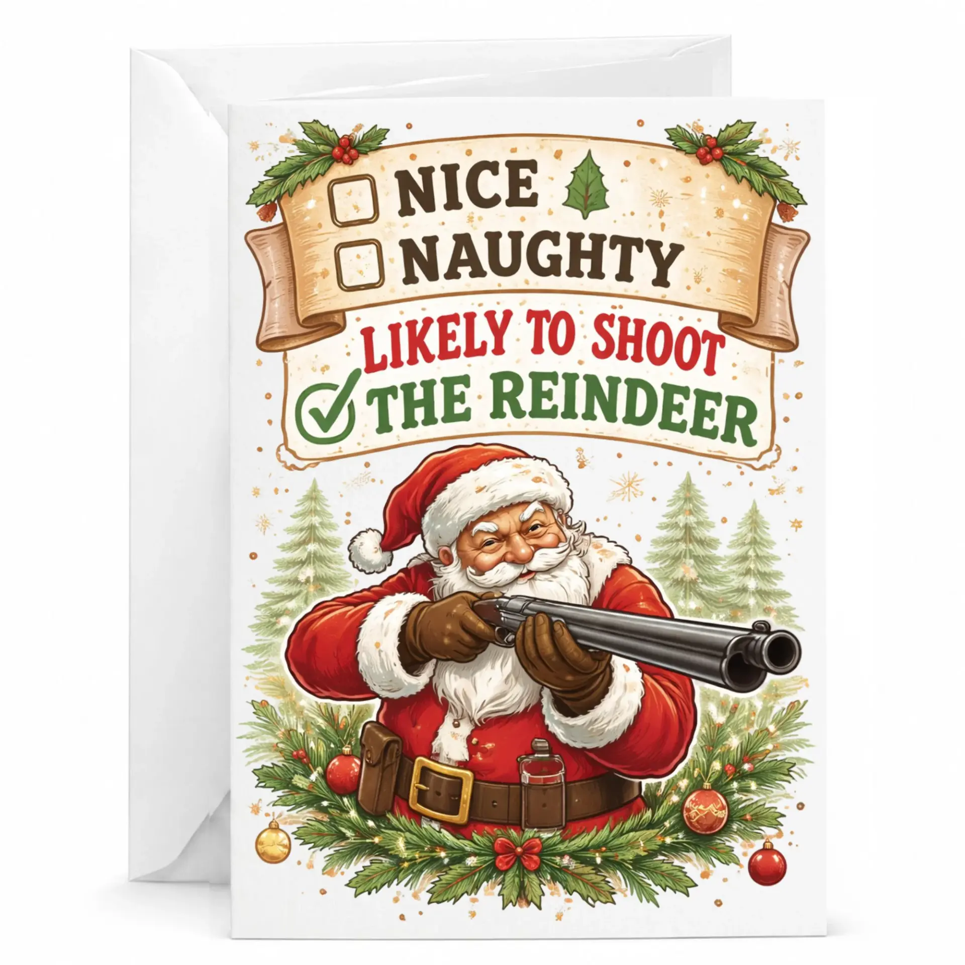 Funny Christmas Greeting Card, Naughty or Nice Santa with Shotgun Holiday Humor Card for Friends and Family