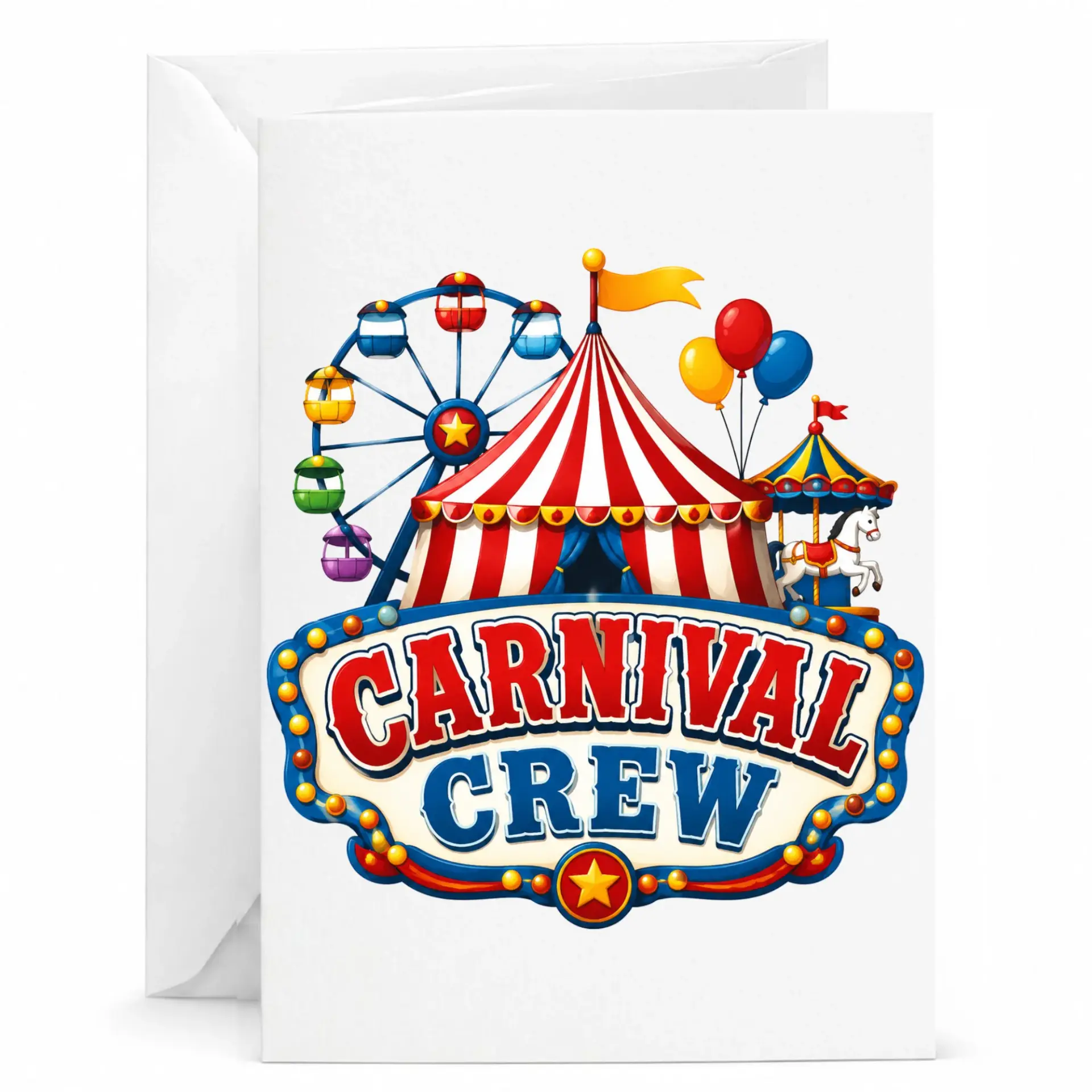 Carnival Crew Greeting Card Featuring Vibrant Amusement Park Illustration for Festive Occasions and Celebrations