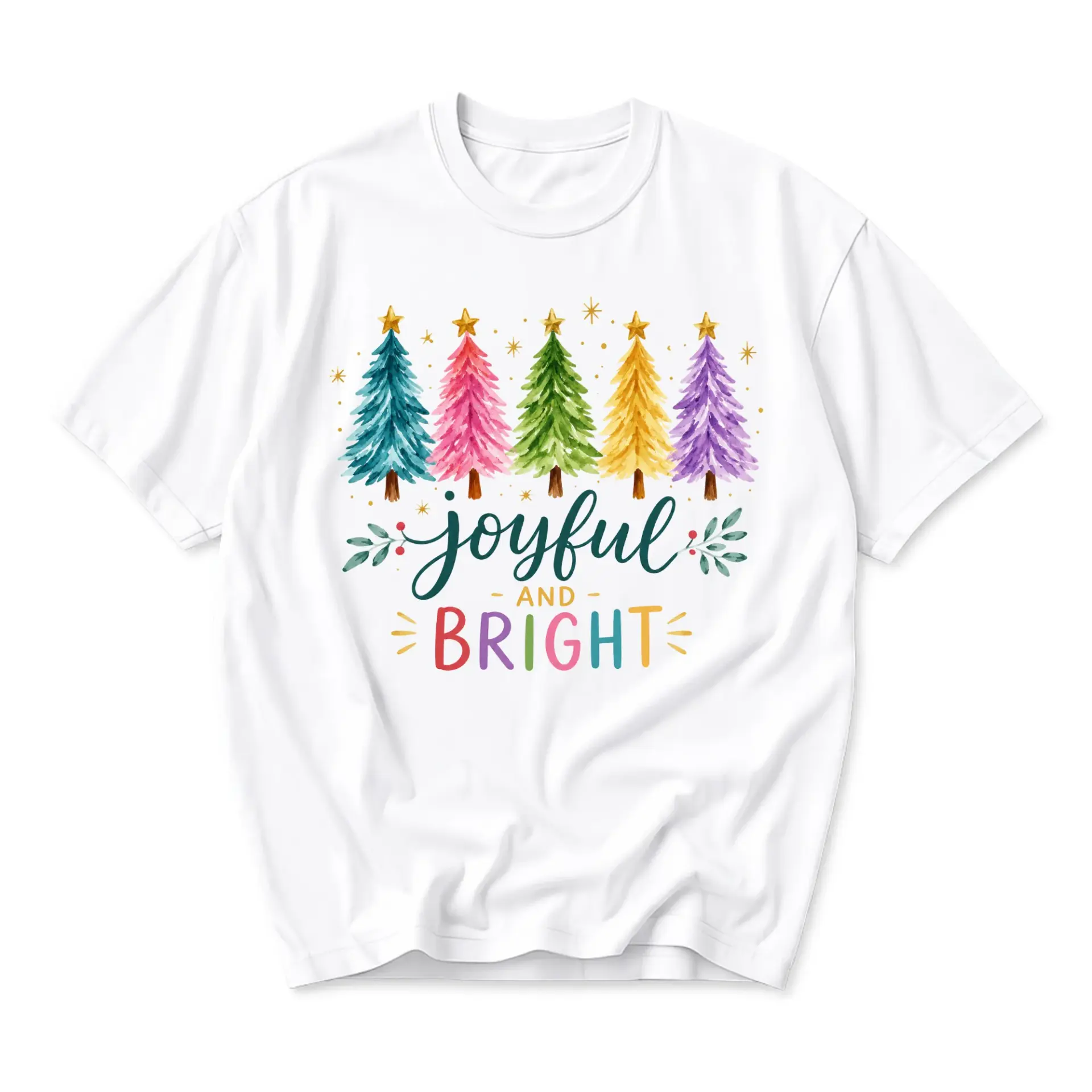Graphic Tee Joyful and Bright Colorful Christmas Tree Print Unisex Crew Neck Casual Everyday Holiday Soft Cotton Shirt