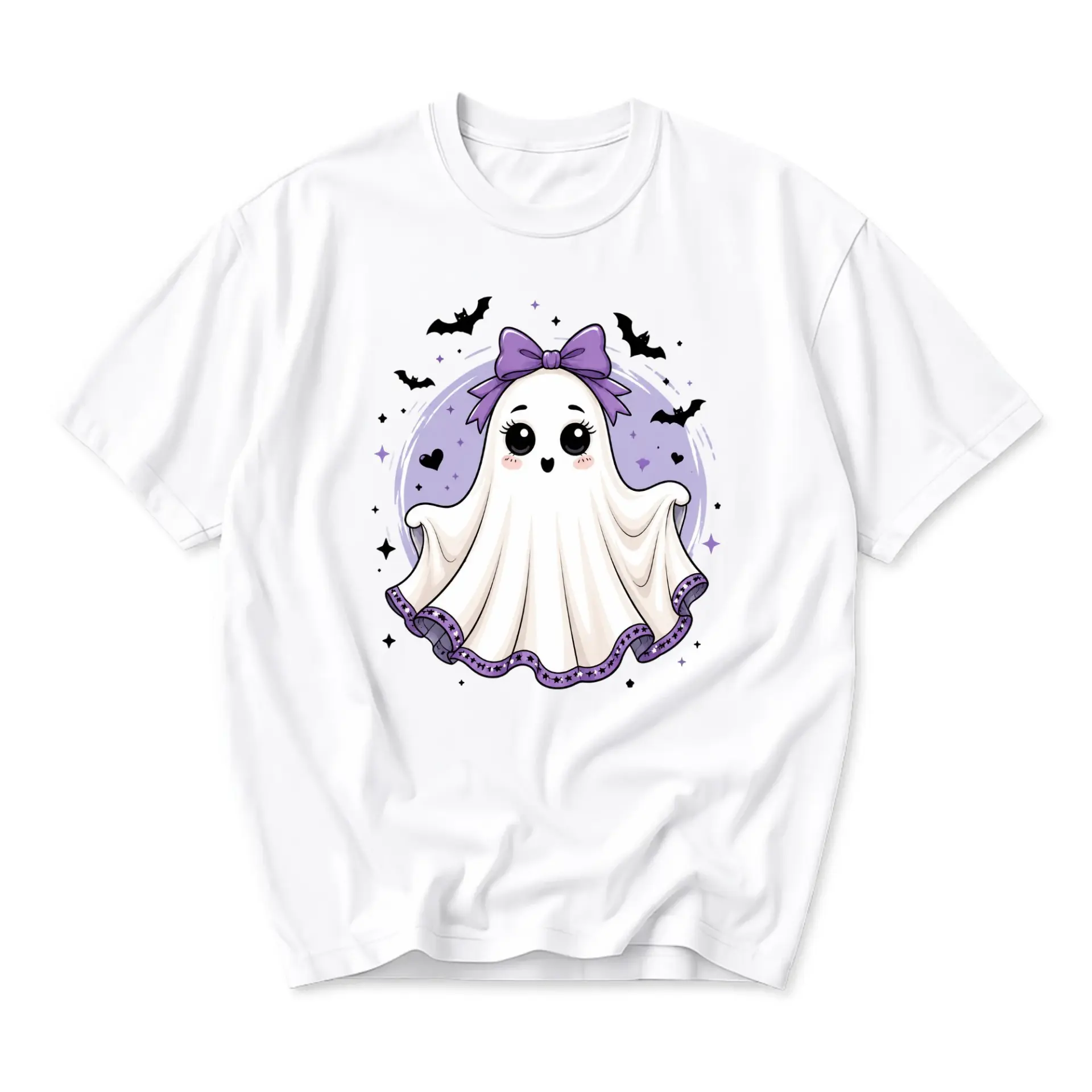 Graphic Tee Cute Ghost with Purple Bow Illustration Casual Unisex Short Sleeve Crew Neck Cotton Blend Apparel