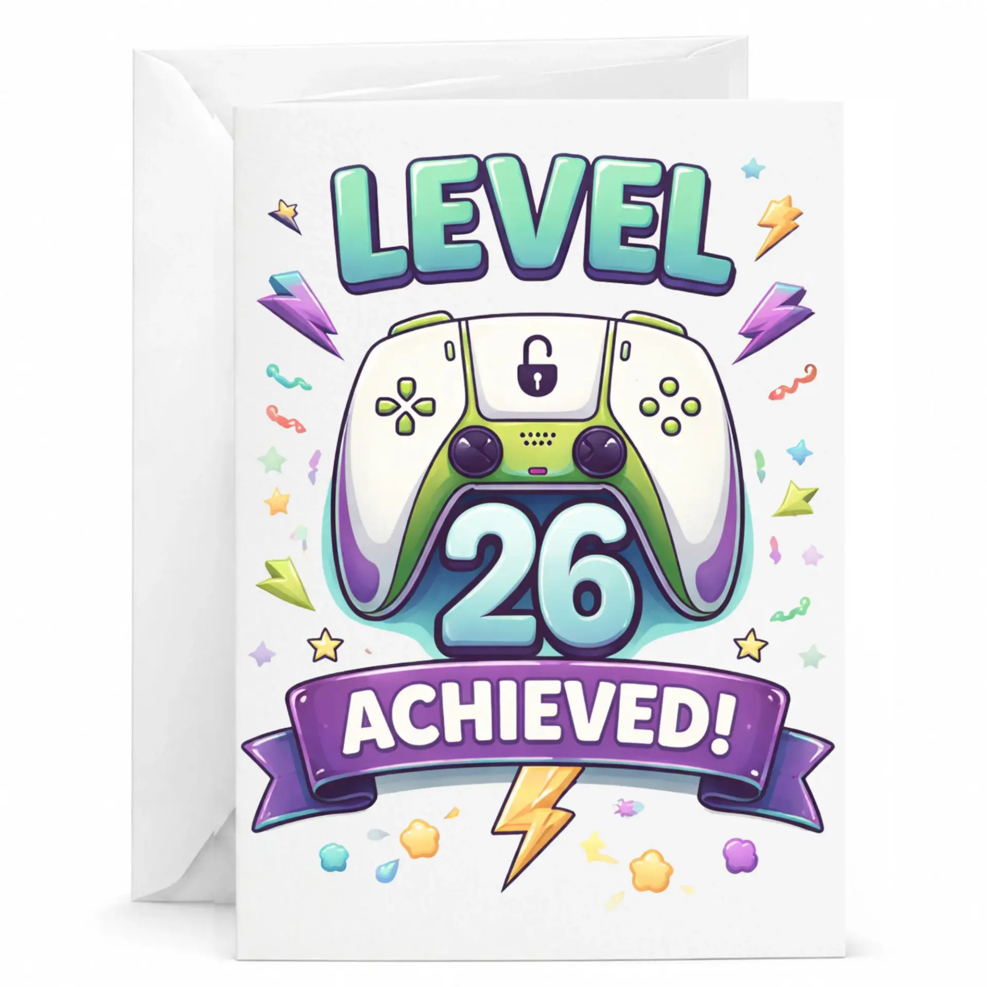 Funny Birthday Card Level 26 Achieved Gamer Controller Design for Video Game Enthusiasts and Milestone Celebrations