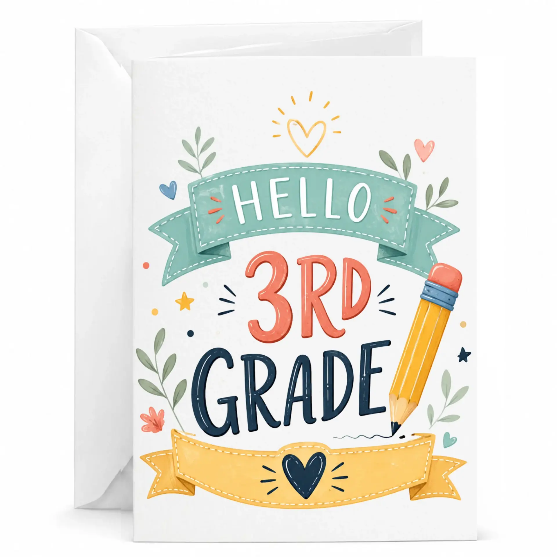 Greeting Card Hello 3rd Illustrated Note with Pencil Design and Decorative Ribbons for Special Achievement