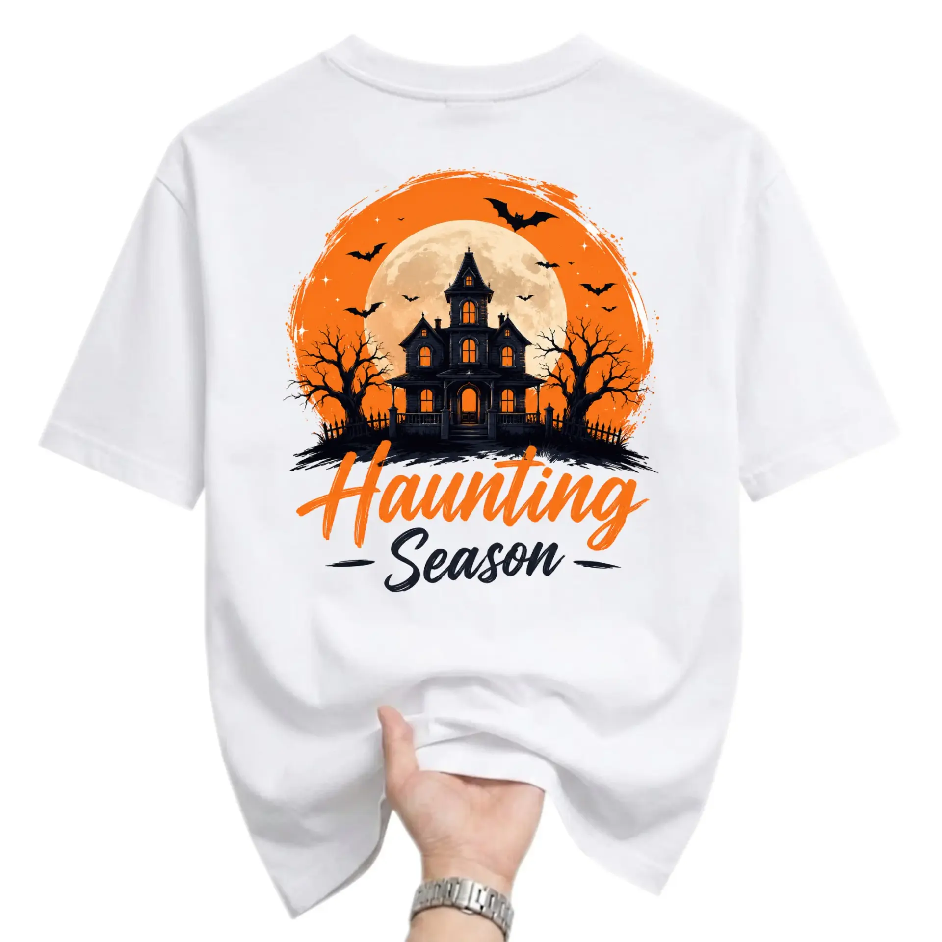 Graphic Tee Haunting Season Haunted House Illustration Unisex Crew Neck Soft Cotton Casual Fall Holiday T-Shirt