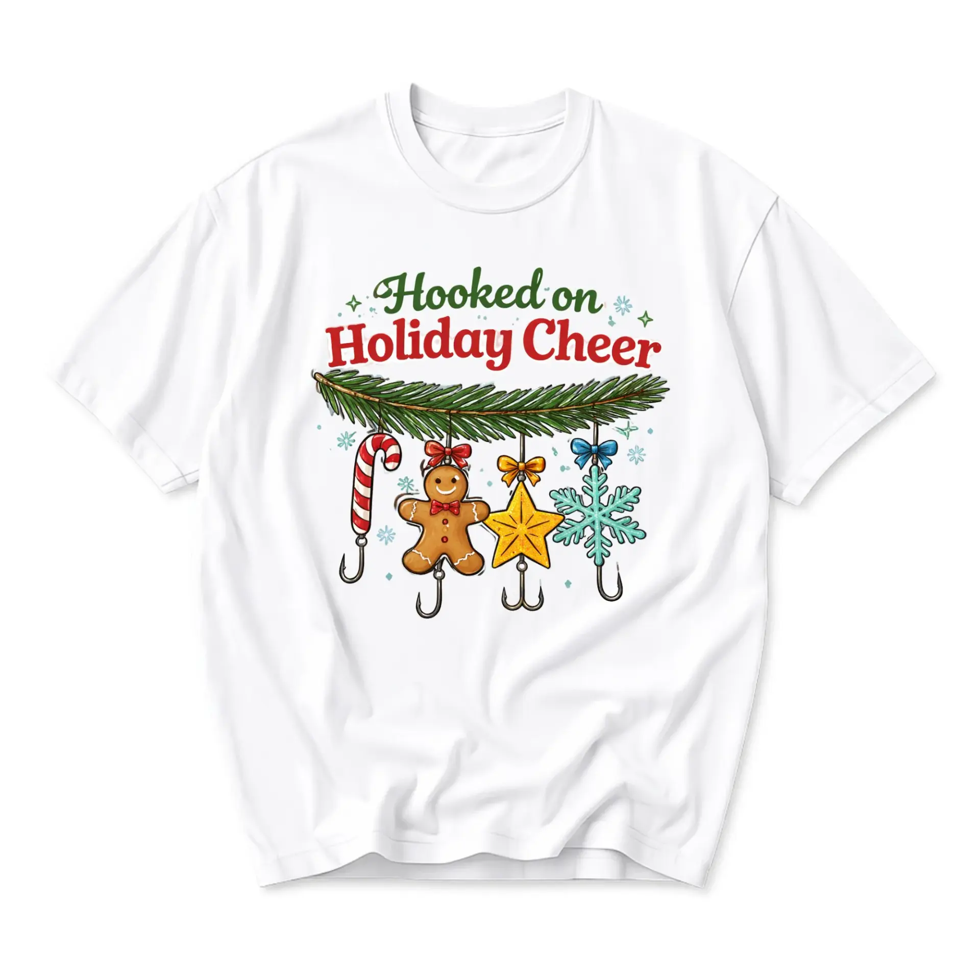T-shirt on Holiday Cheer Graphic Tee Unisex Christmas Fishing Theme Apparel for Casual Seasonal Wear