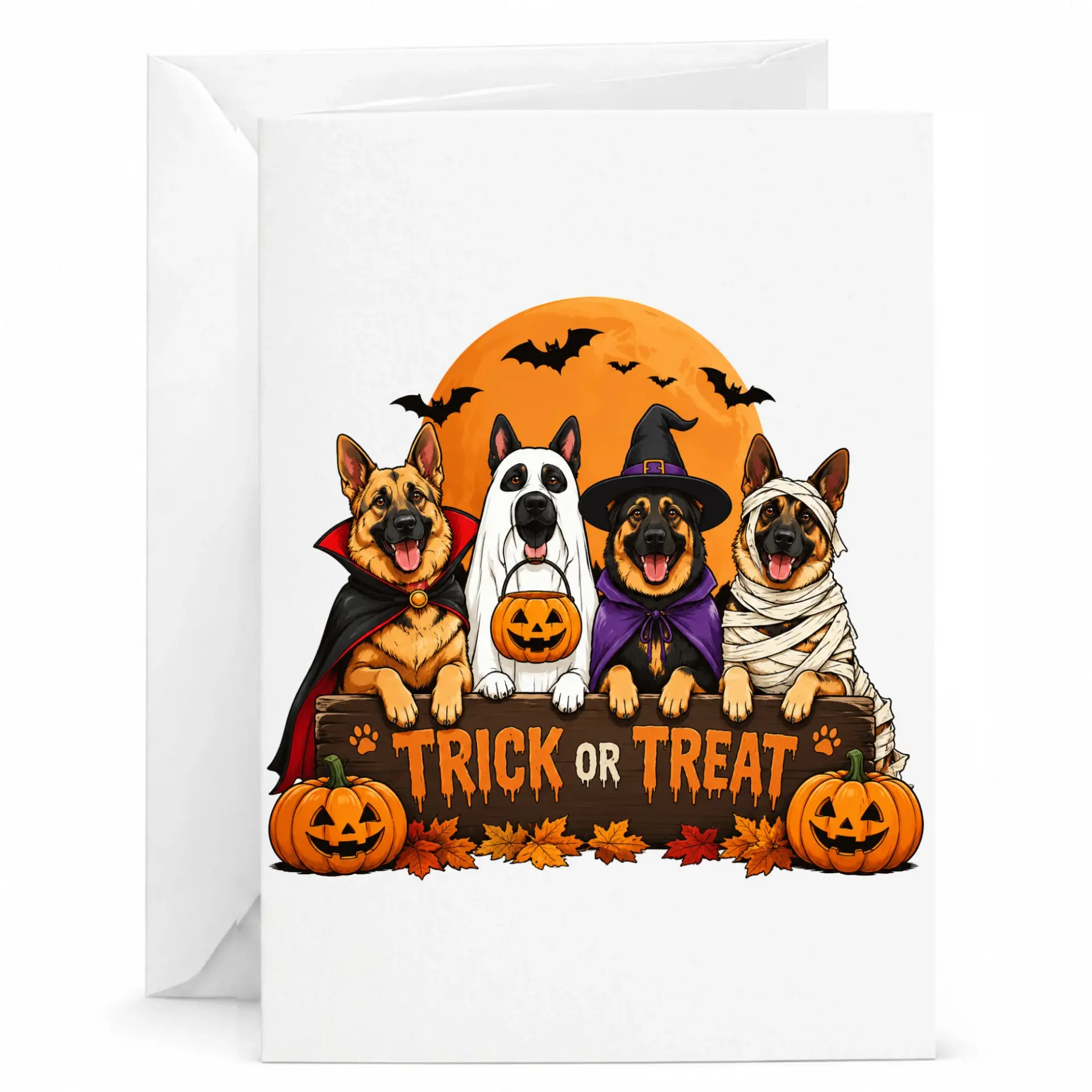 Funny German Shepherd Halloween Greeting Card Trick or Treat Dog Lovers Seasonal Stationery 5x7 Folded Card