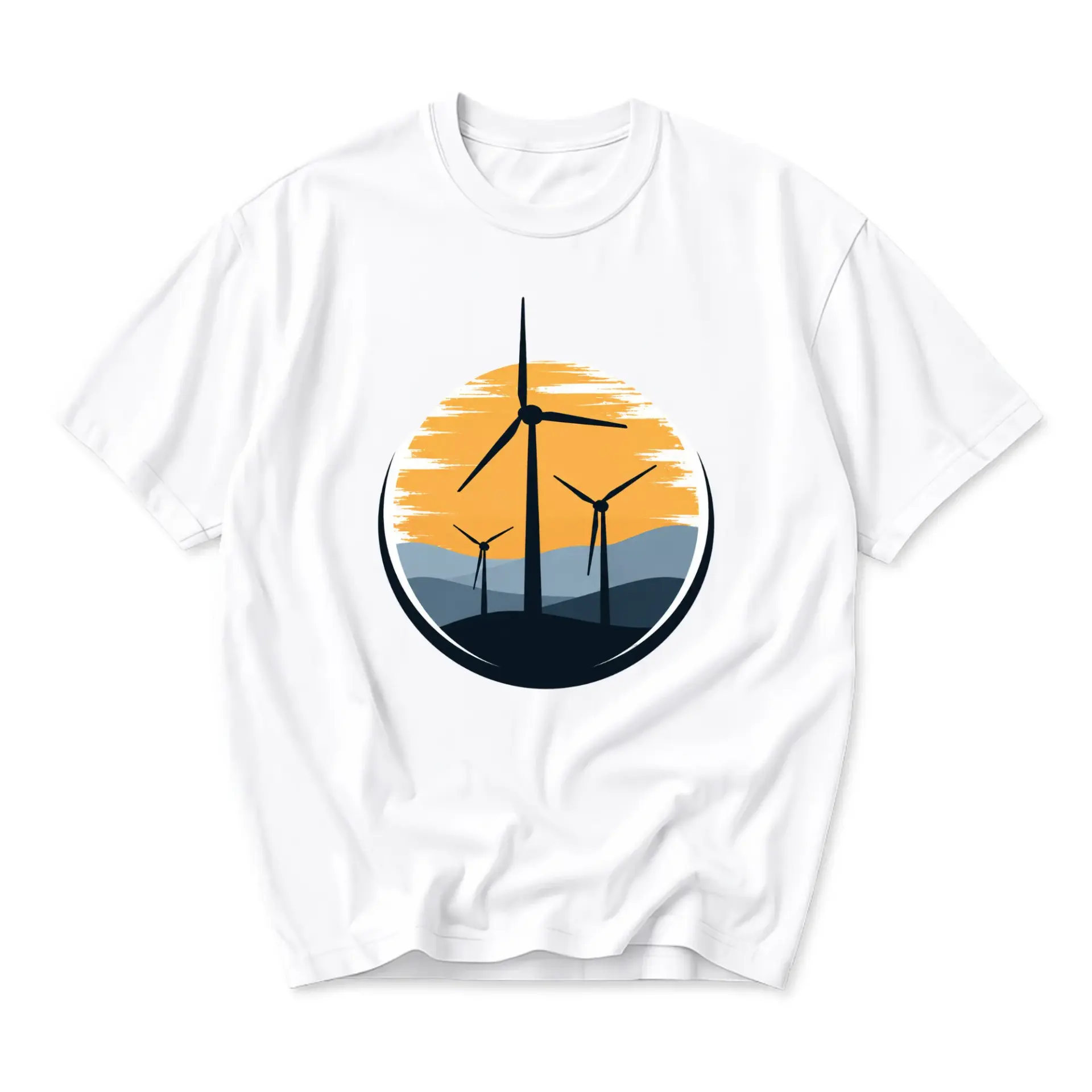Graphic Tee Wind Turbine Sunset Design Unisex Casual Short Sleeve Crew Neck Cotton Blend Apparel for Everyday Wear