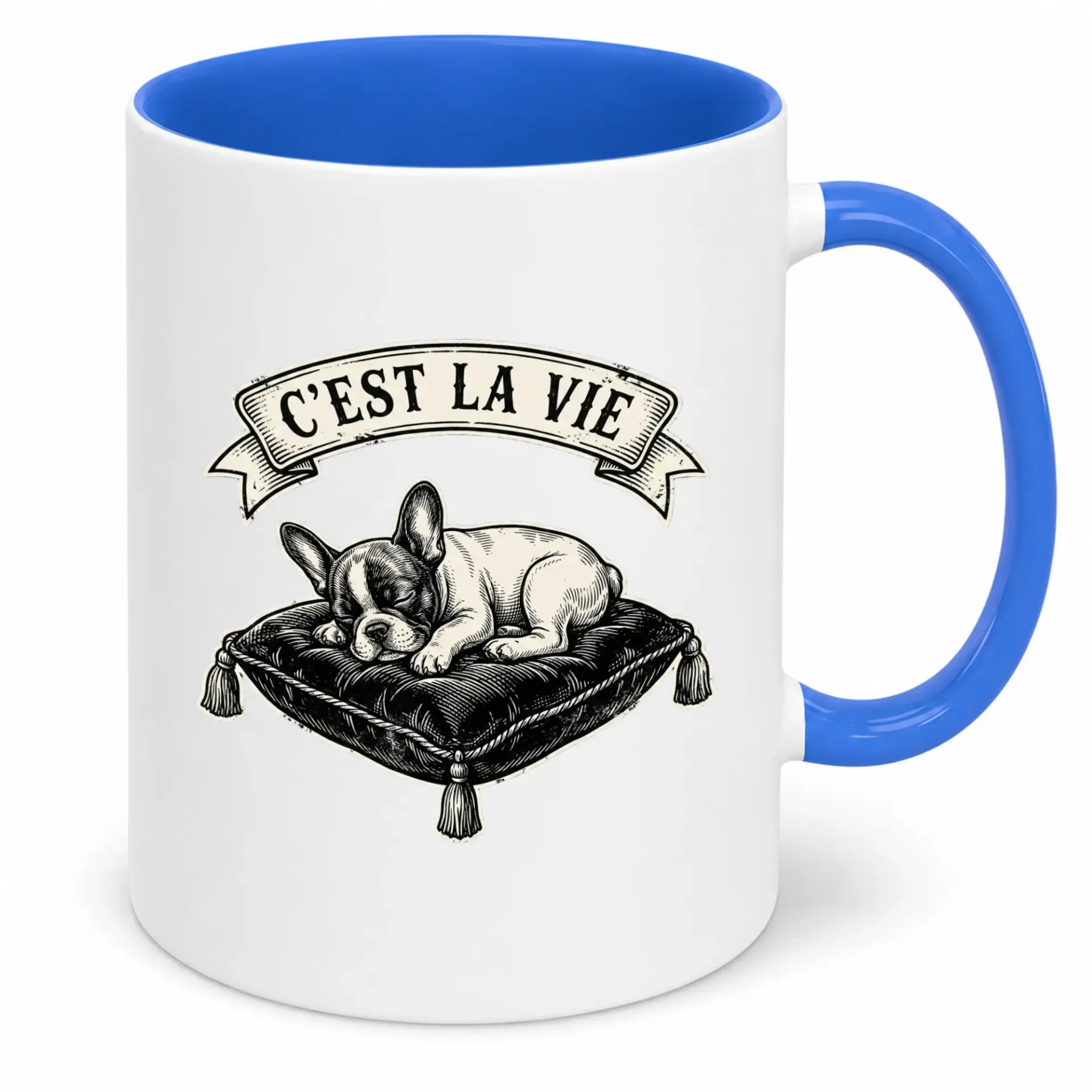 Coffee Mug for Dog Lovers "c'est La Vie" Sleeping Puppy Frenchie Ceramic Cup Blue Handle & Interior Drinkware Gift