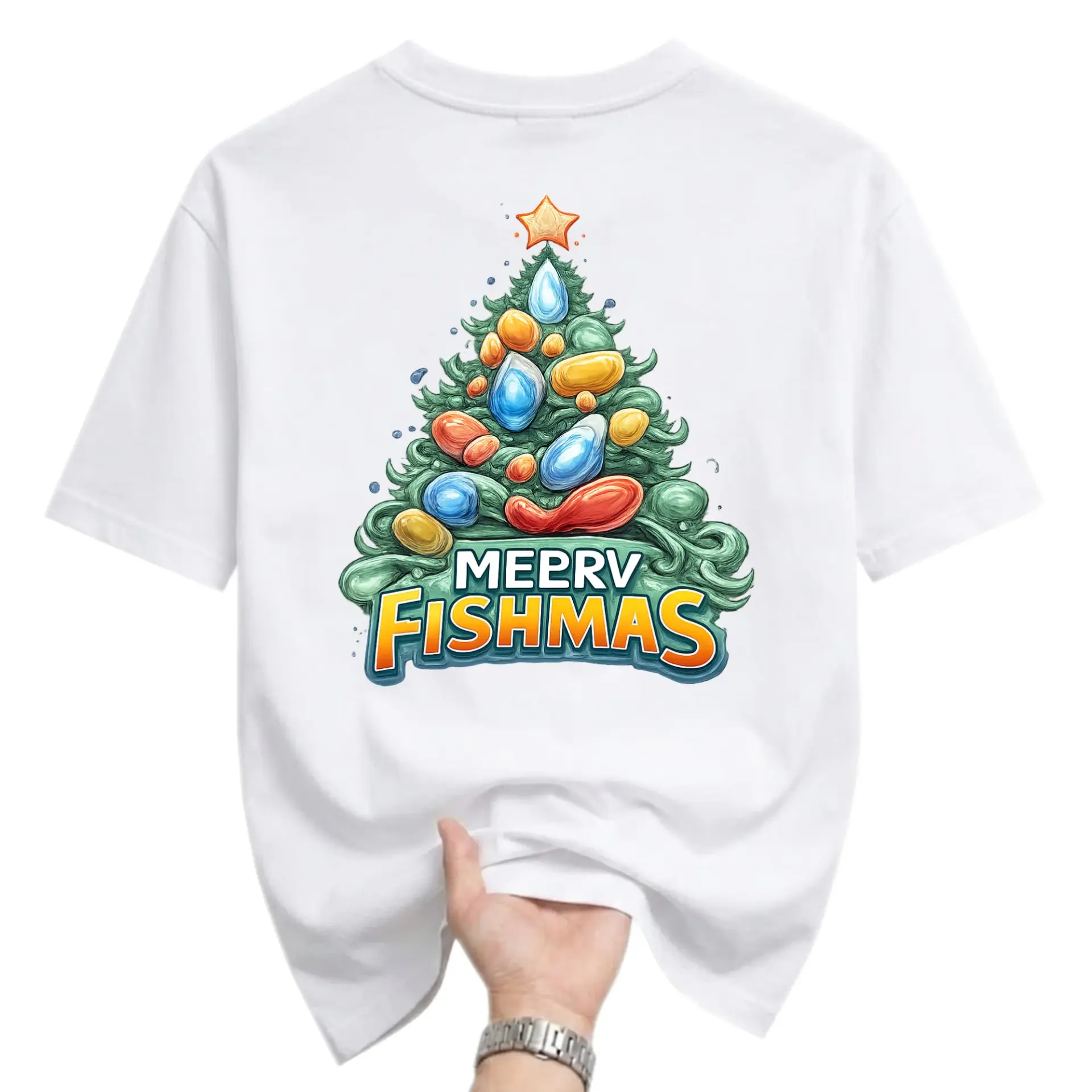 Funny Shirt Merry Fishmas Christmas Tree Graphic Tee Unisex Crew Neck Short Sleeve Casual Holiday Cotton Blend Top