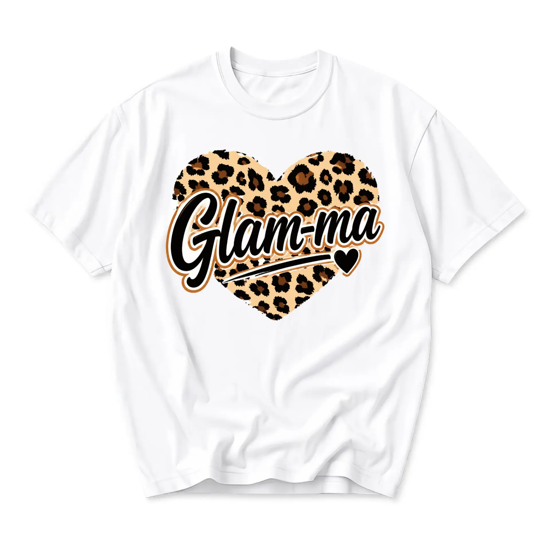 Graphic Tee Glam-Ma Leopard Heart Print Unisex Crew Neck Casual Everyday T-Shirt Short Sleeve Soft Cotton Top