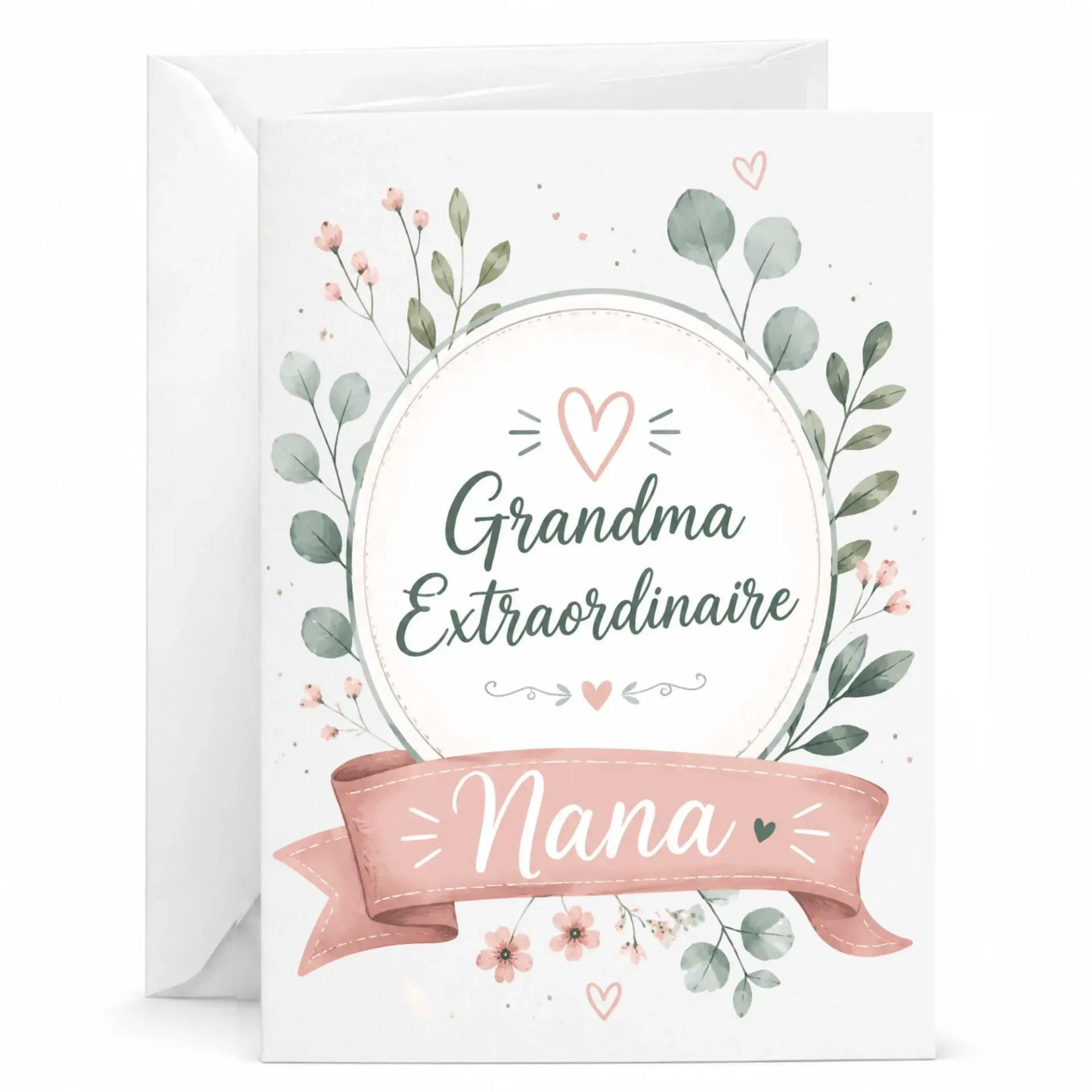 Greeting Card Grandma Extraordinaire Nana Floral Botanical Design Premium Folded Note with Matching White Envelope