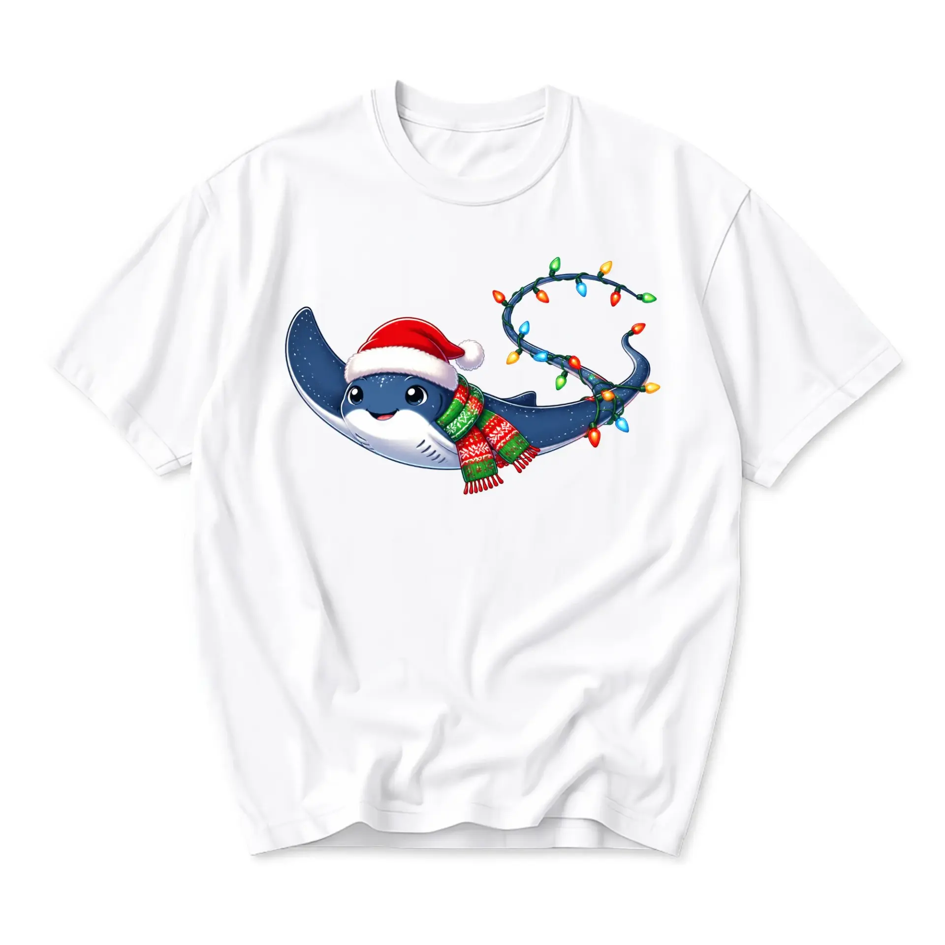 Graphic Tee Unisex Crew Neck Short Sleeve Shirt Featuring Cute Stingray Wearing Santa Hat and Holiday String Lights