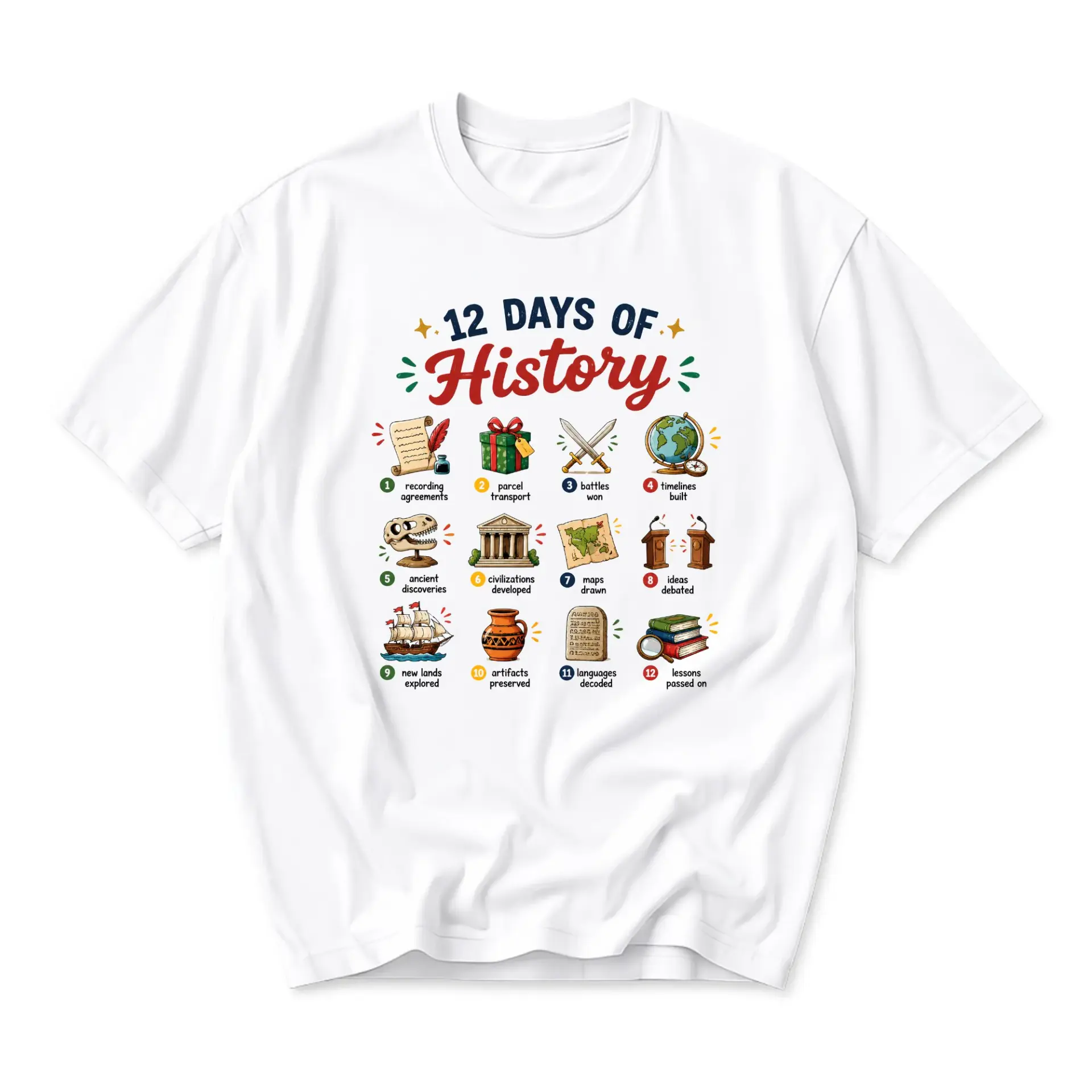 Graphic Tee 12 Days of History Unisex Crew Neck T-Shirt Educational Historical Theme Casual Everyday Apparel White
