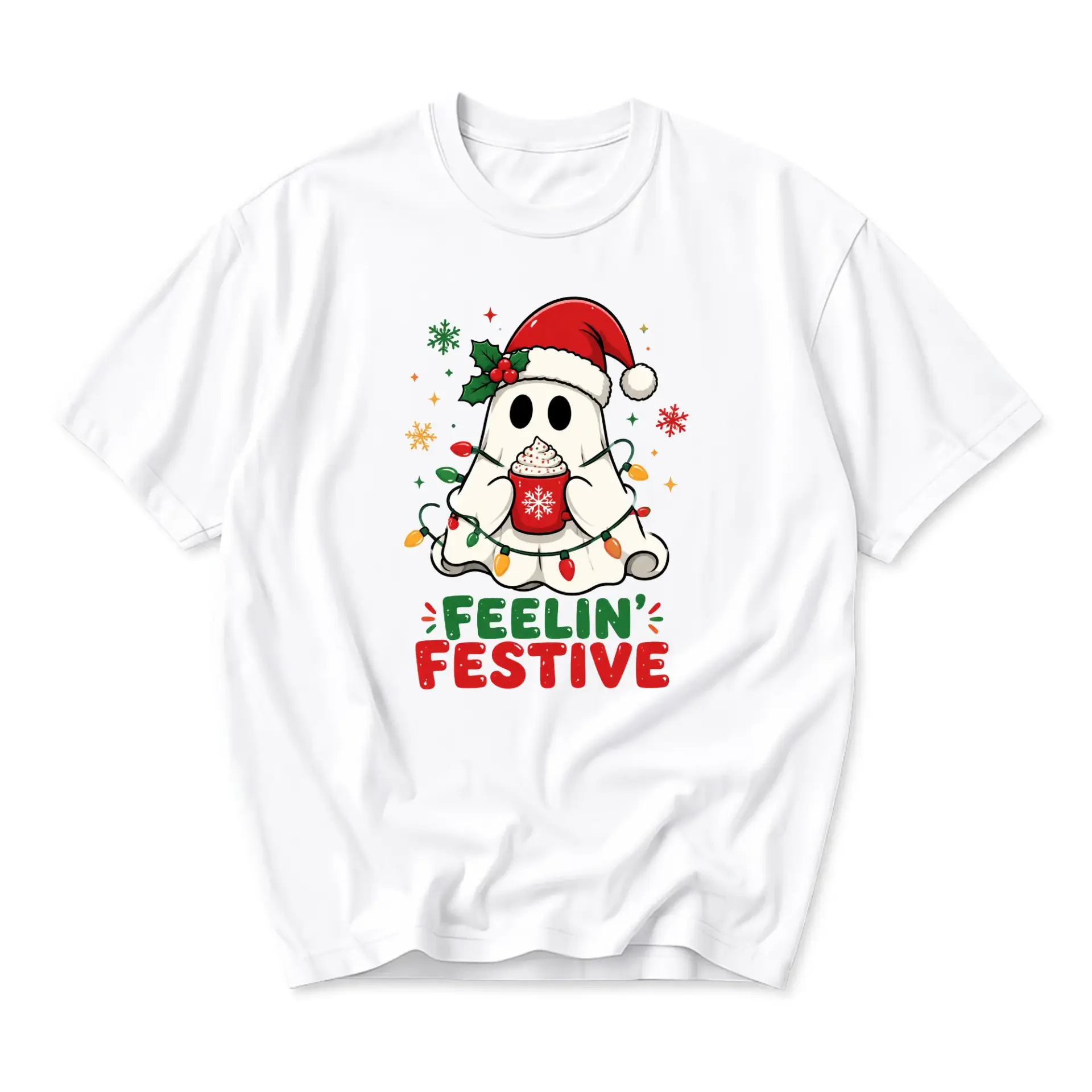Graphic Tee Feelin Festive Ghost Christmas Shirt Unisex Holiday Season