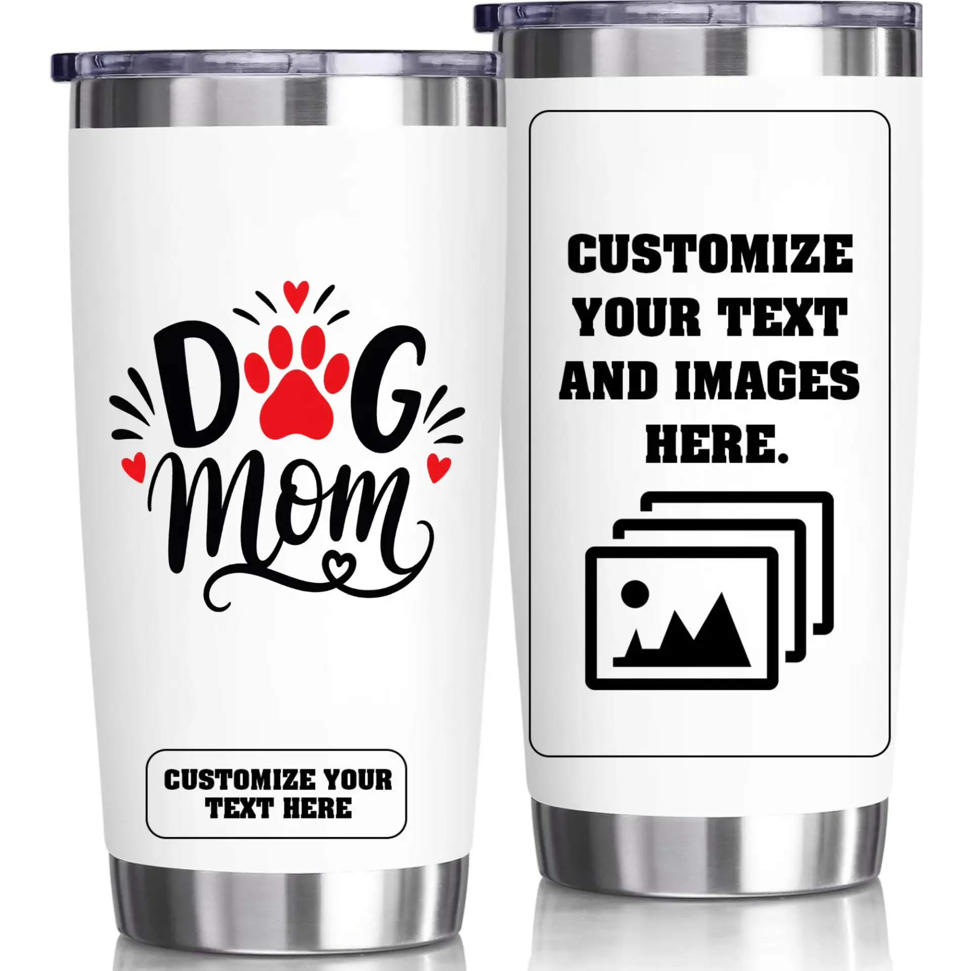 Stainless Steel Tumbler 20oz Personalized Travel Cup Insulated Dog Mom Design with Customizable Image and Text Area